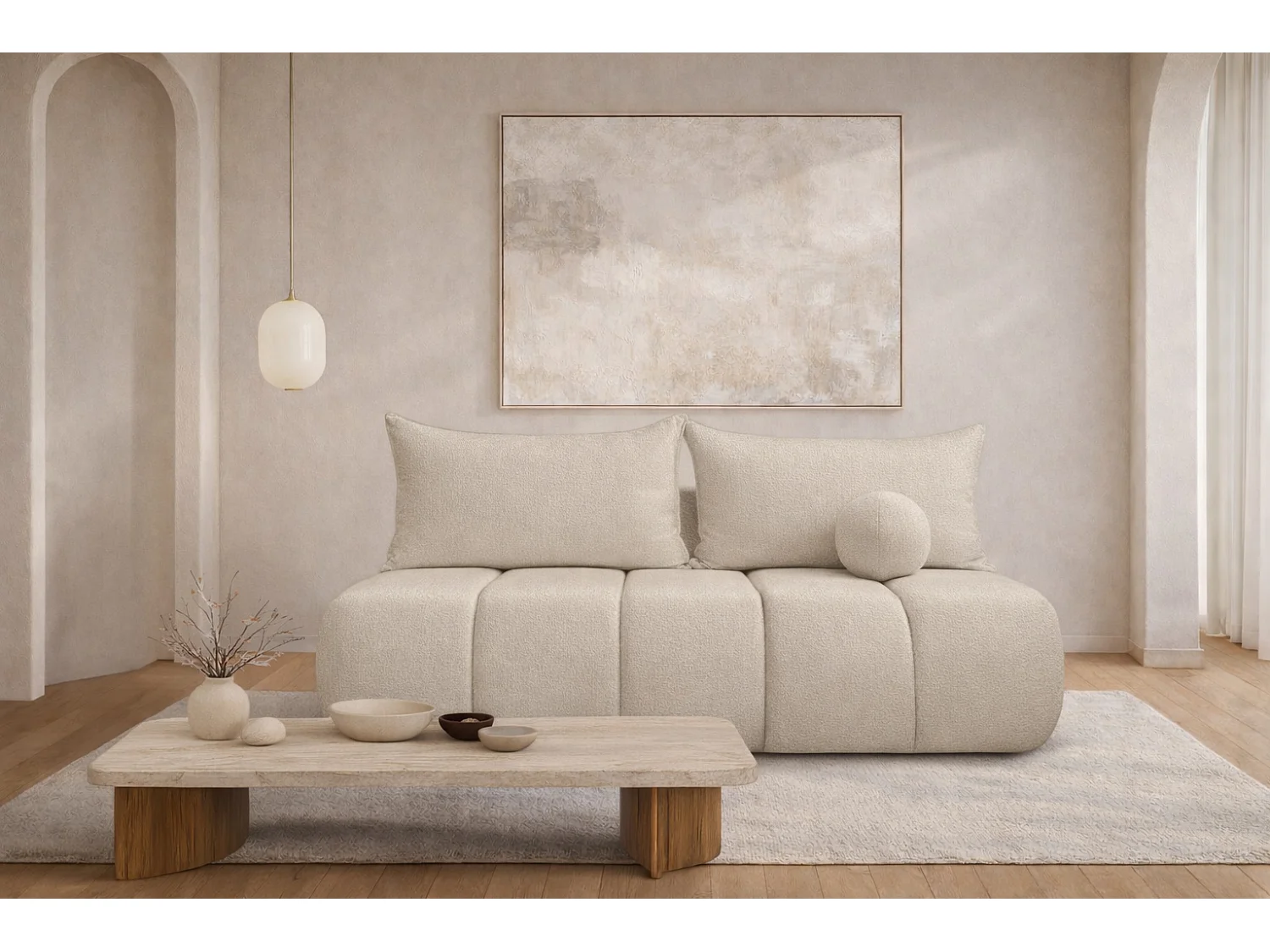 Canapé convertible avec fonction couchage et coffre de rangement, velours Monolith, Ecru, PIANO