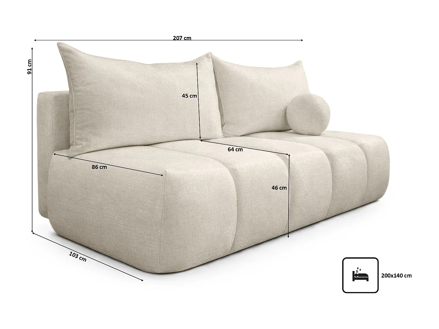 Canapé convertible avec fonction couchage et coffre de rangement, velours Monolith, Ecru, PIANO