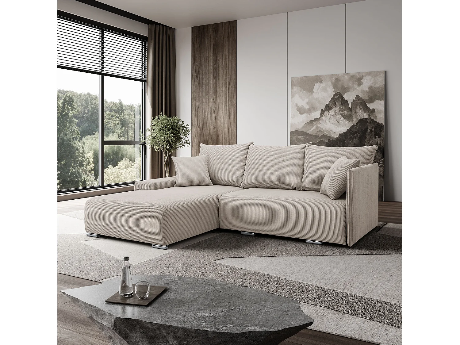 Canapé d'angle, Canapé en L, Tissu côtelé Poso, Beige, Gauche, Livorno L