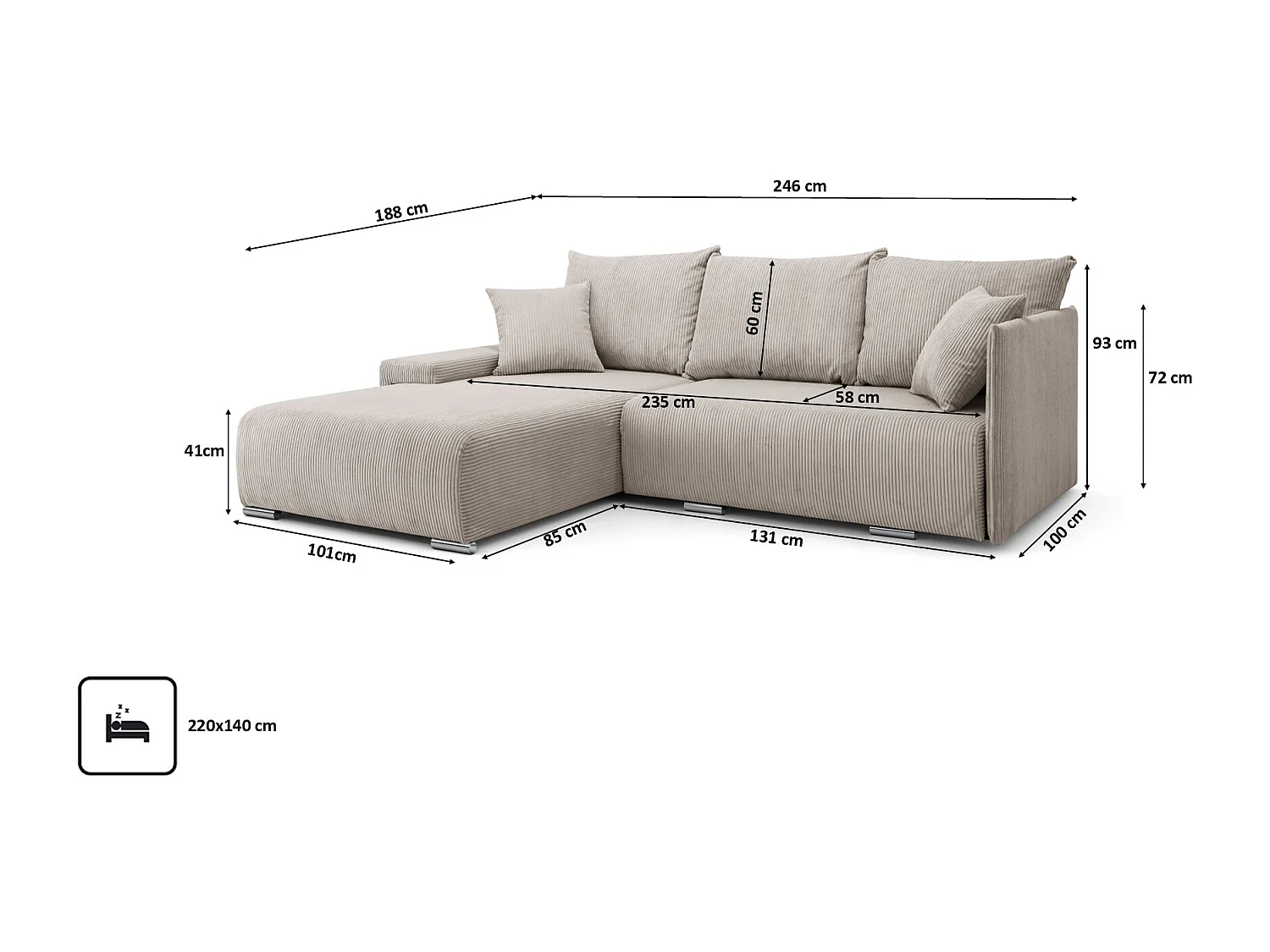 Canapé d'angle, Canapé en L, Tissu côtelé Poso, Beige, Gauche, Livorno L