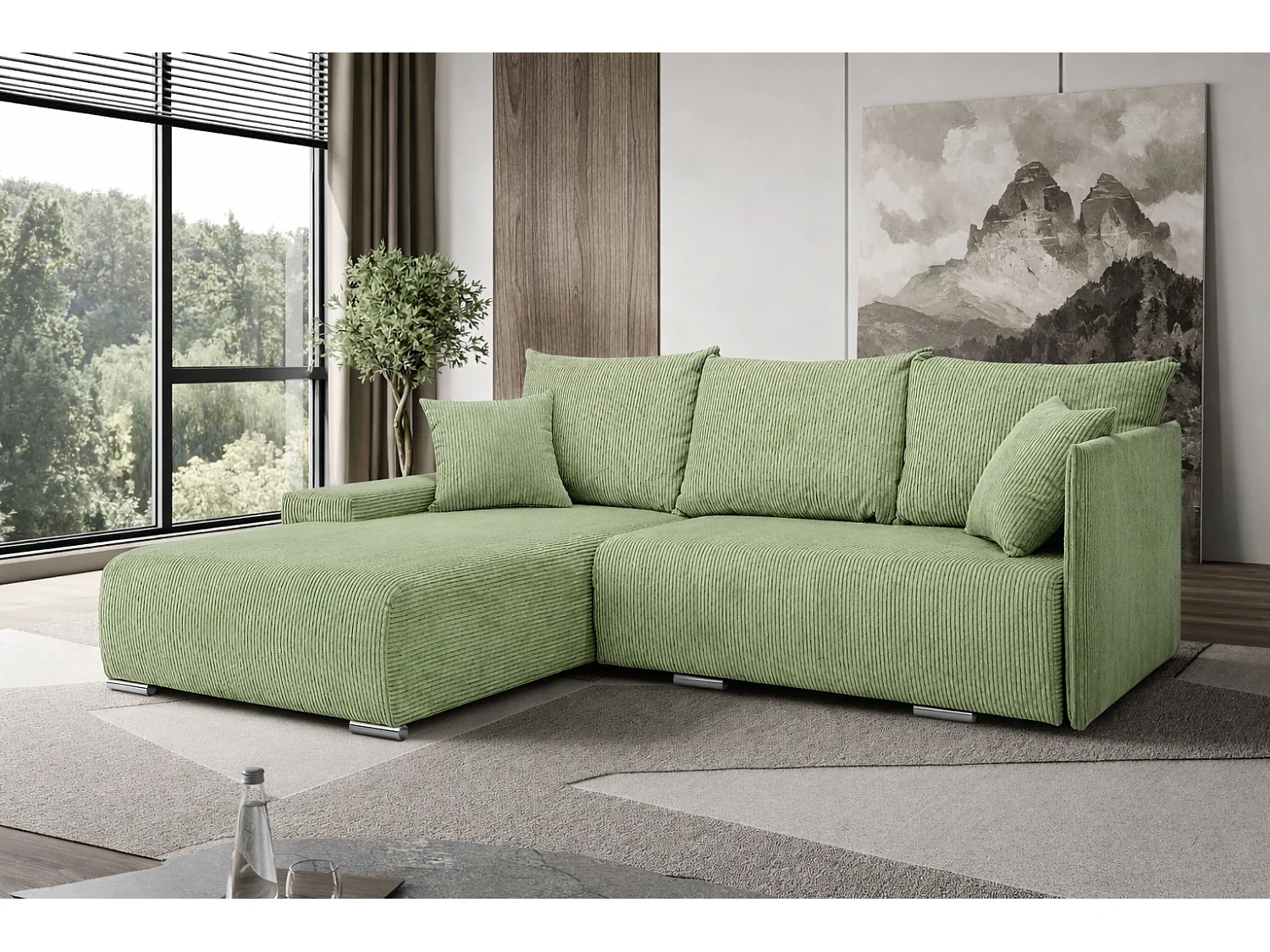 Canapé d'angle, Canapé en L, Tissu côtelé Poso, Vert clair, Gauche, Livorno L