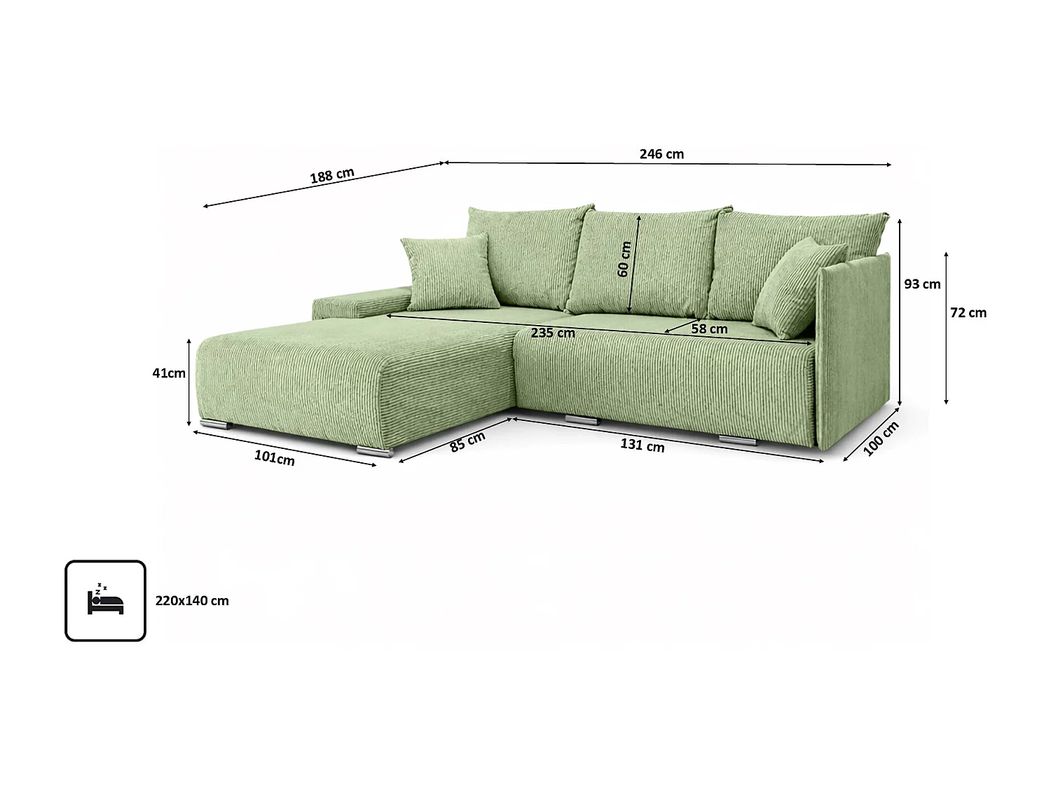 Canapé d'angle, Canapé en L, Tissu côtelé Poso, Vert clair, Gauche, Livorno L