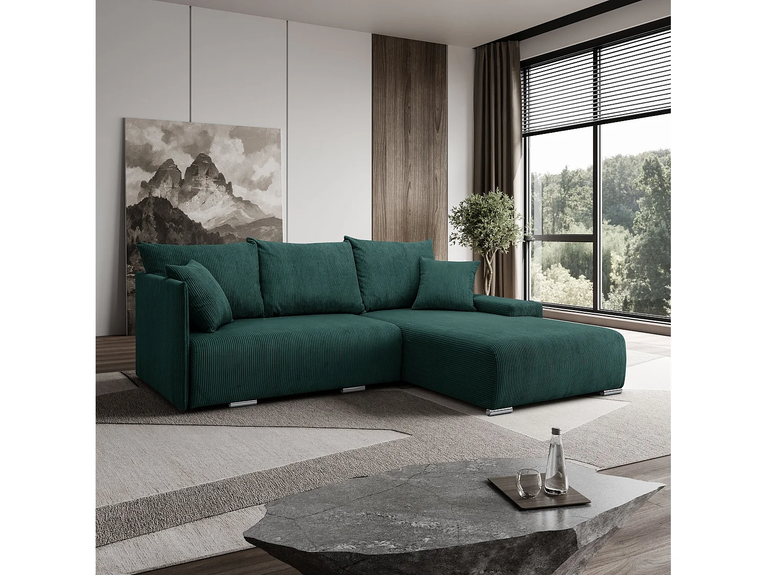 Canapé d'angle, Canapé en L, Tissu côtelé Poso, Vert, Droite, Livorno L