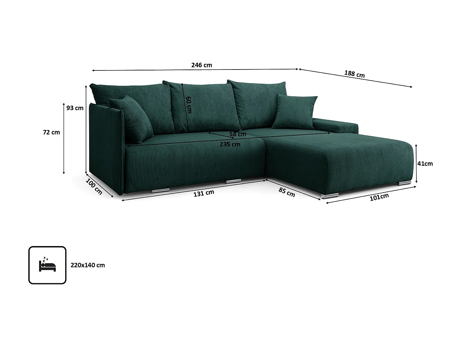 Canapé d'angle, Canapé en L, Tissu côtelé Poso, Vert, Droite, Livorno L