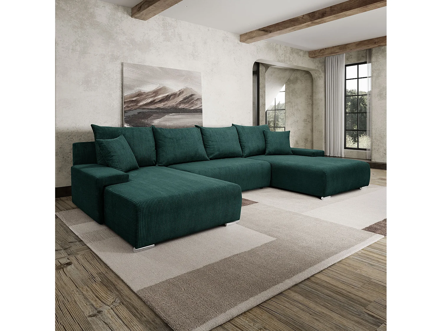 Canapé d'angle, Canapé en U, Tissu côtelé Poso, Vert, Livorno U