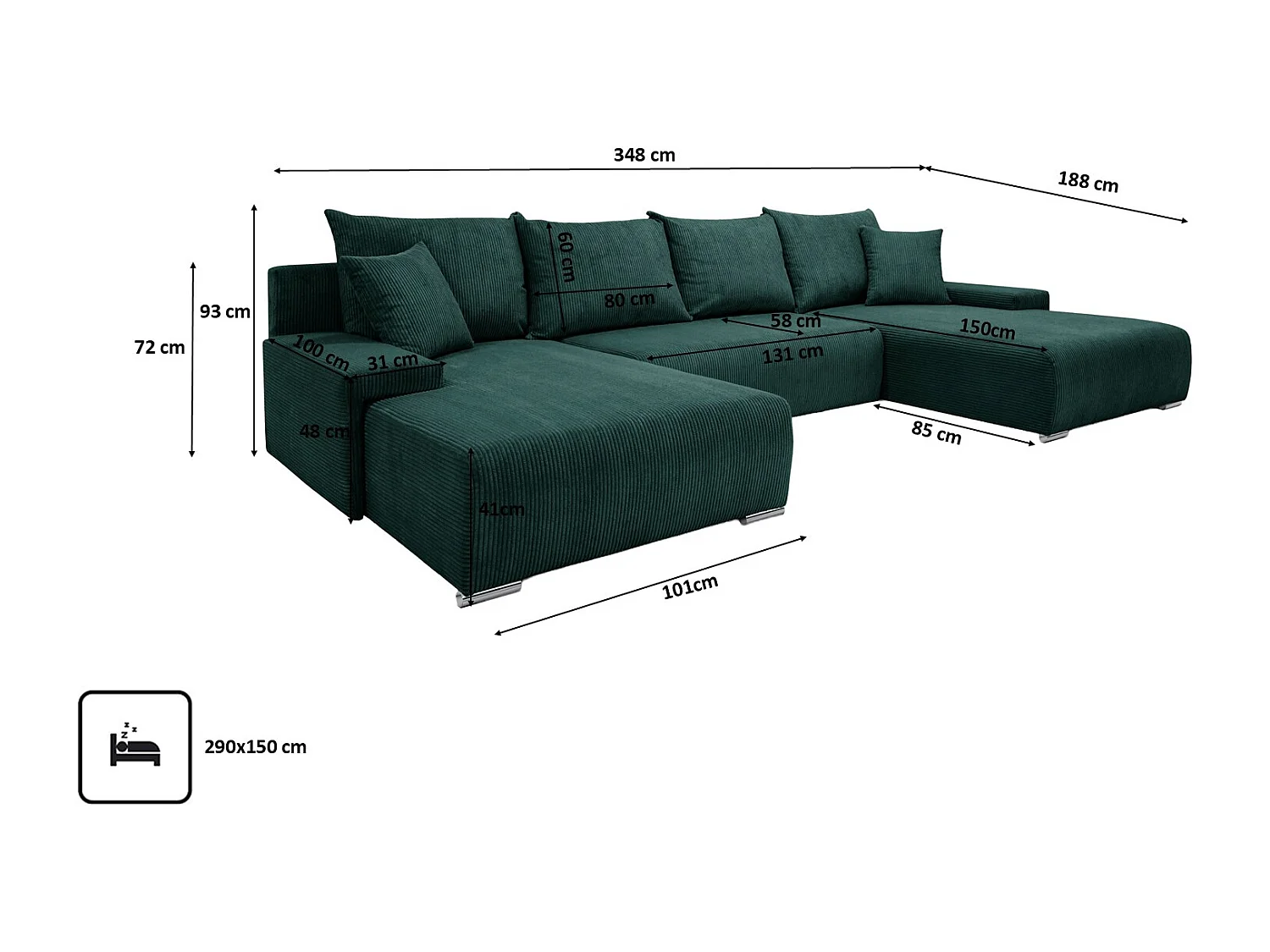 Canapé d'angle, Canapé en U, Tissu côtelé Poso, Vert, Livorno U