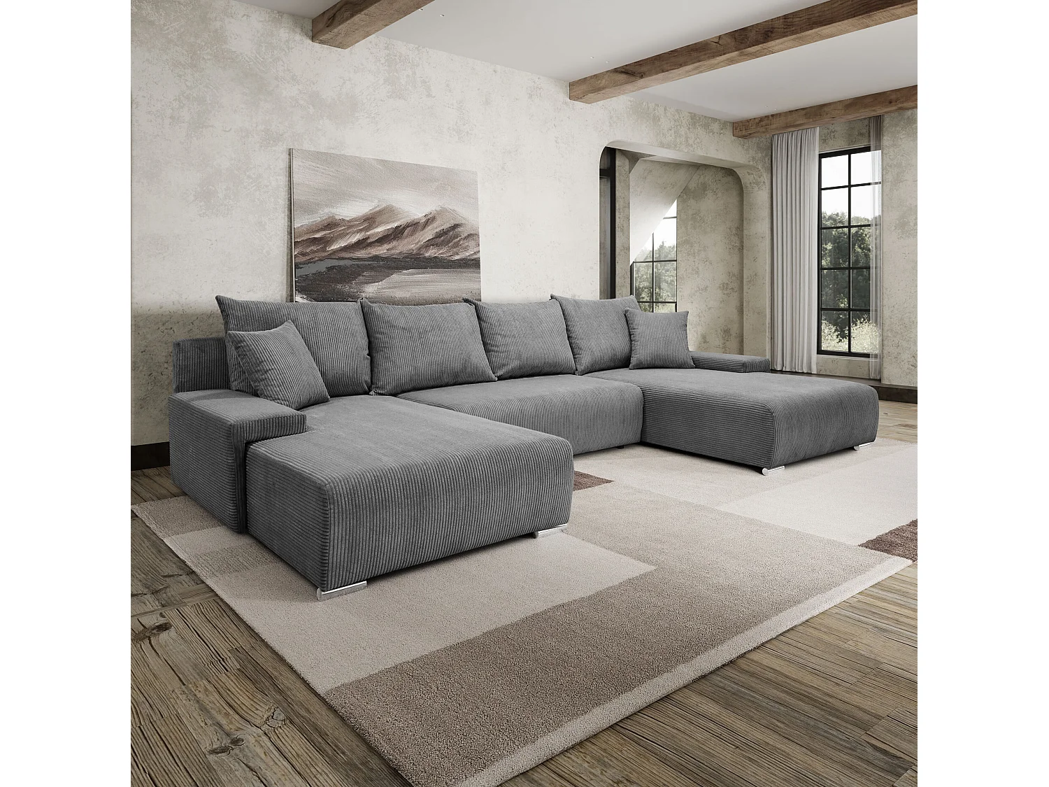 Canapé d'angle, Canapé en U, Tissu côtelé Poso, Gris, Livorno U