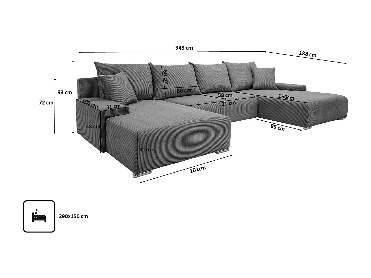 Canapé d'angle, Canapé en U, Tissu côtelé Poso, Gris, Livorno U
