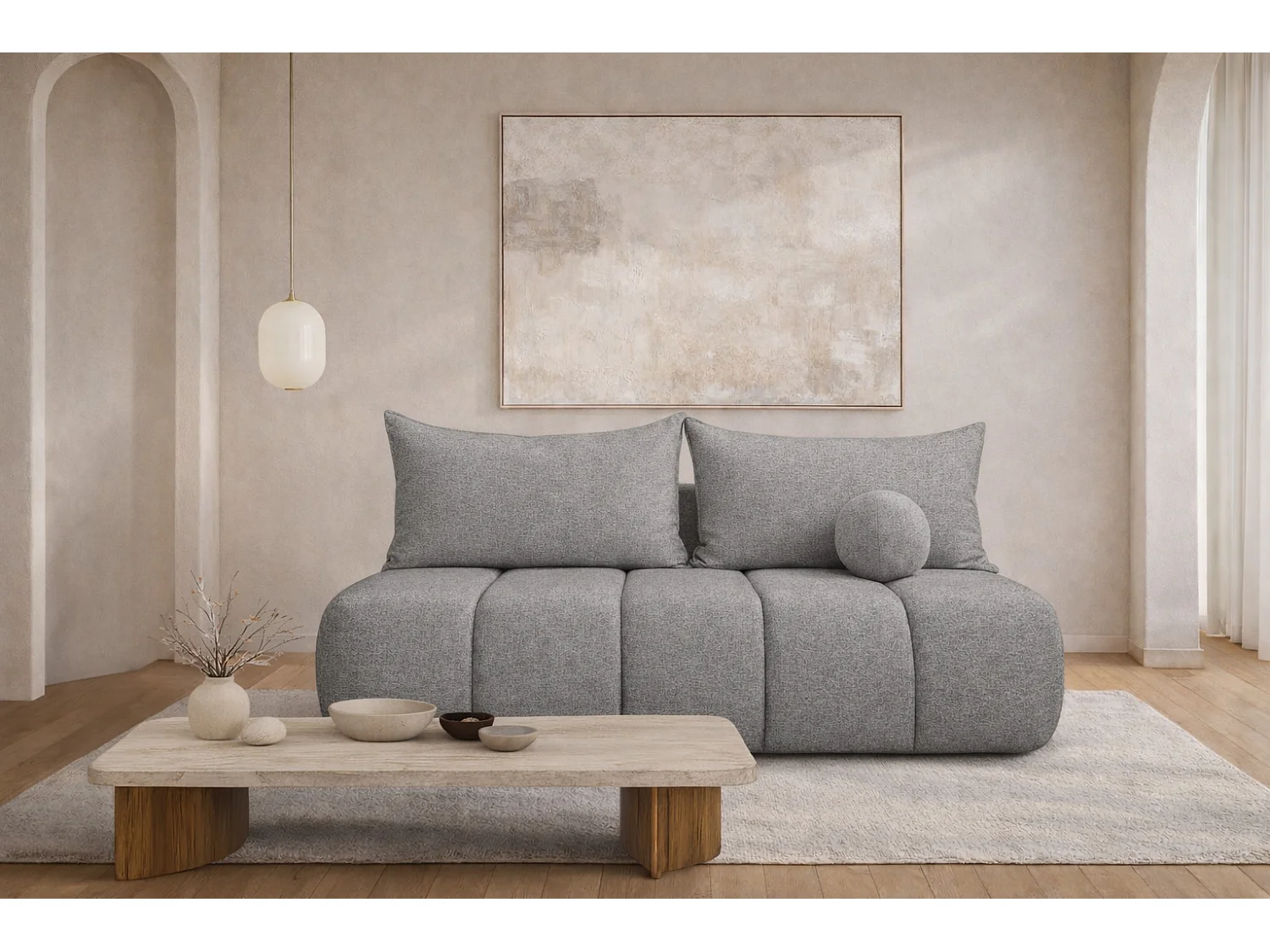 Canapé convertible avec fonction couchage et coffre de rangement, velours Monolith, Gris clair, PIANO