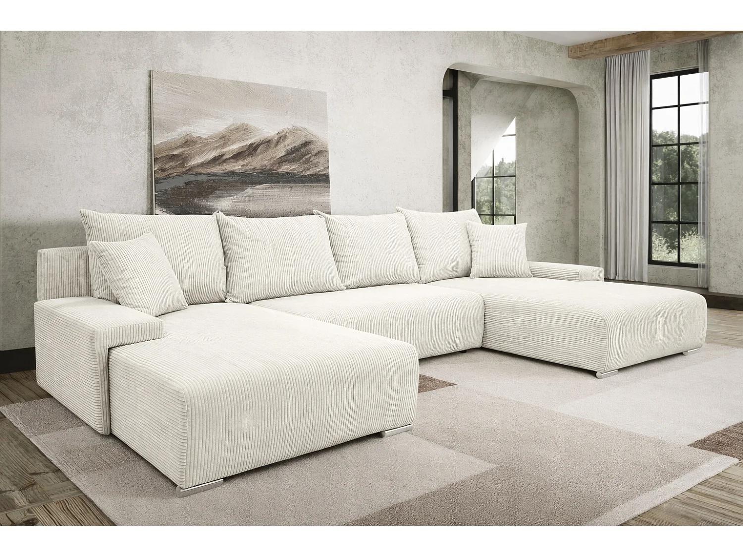 Canapé d'angle, Canapé en U, Tissu côtelé Poso, Écru, Livorno U