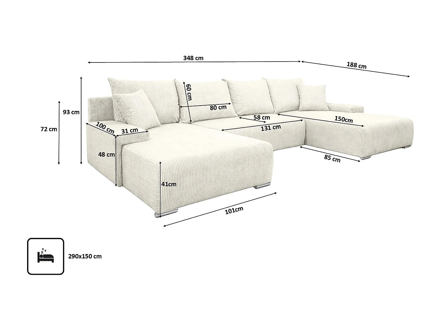 Canapé d'angle, Canapé en U, Tissu côtelé Poso, Écru, Livorno U