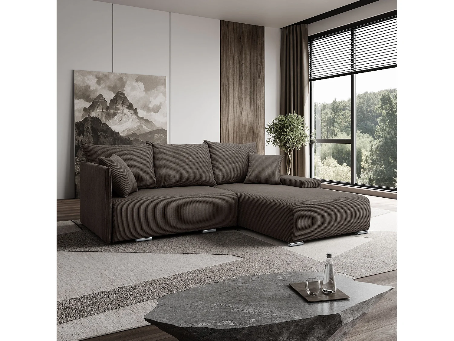 Canapé d'angle, Canapé en L, Tissu côtelé Poso, Marron, Droite, Livorno L