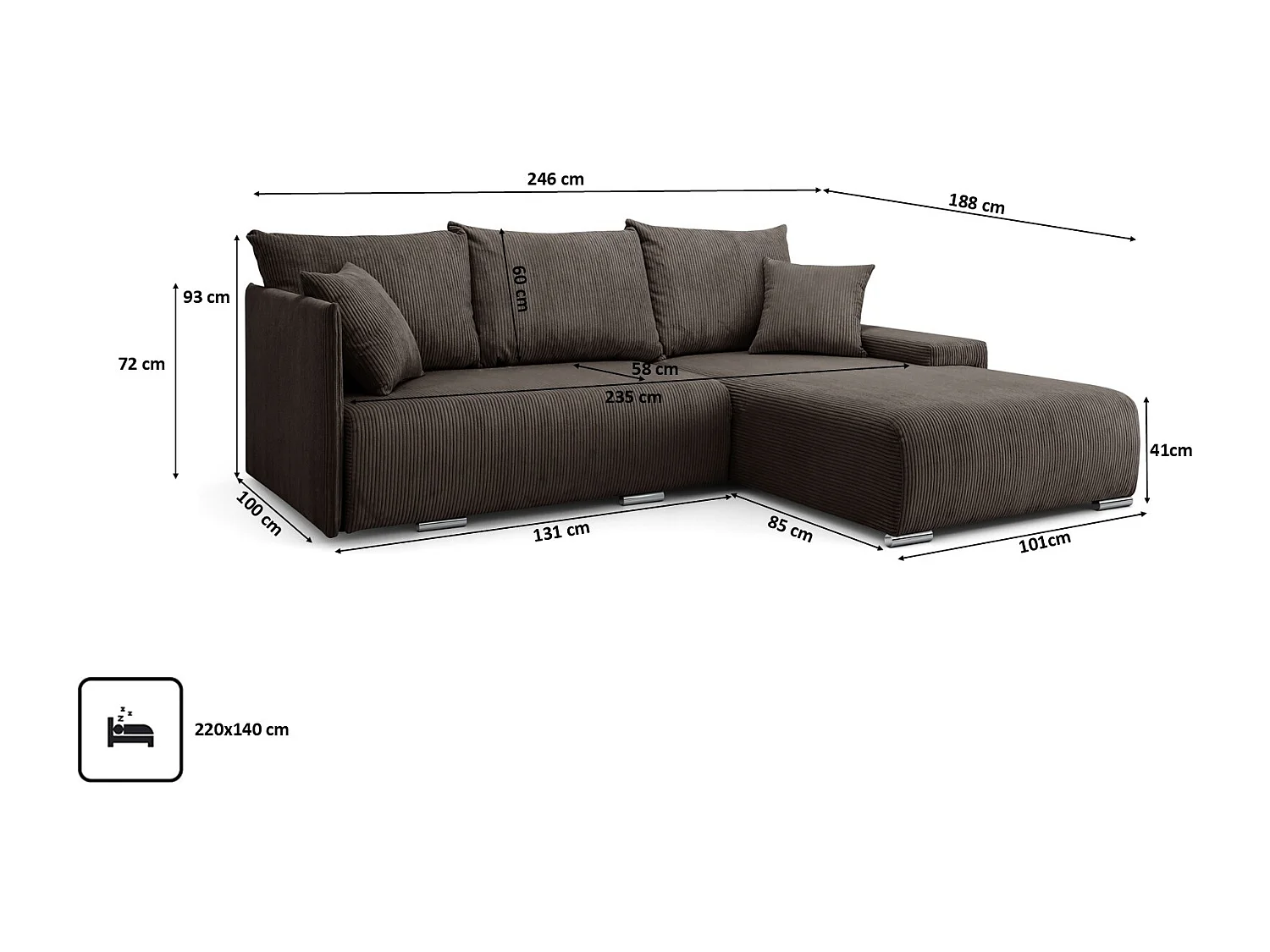 Canapé d'angle, Canapé en L, Tissu côtelé Poso, Marron, Droite, Livorno L