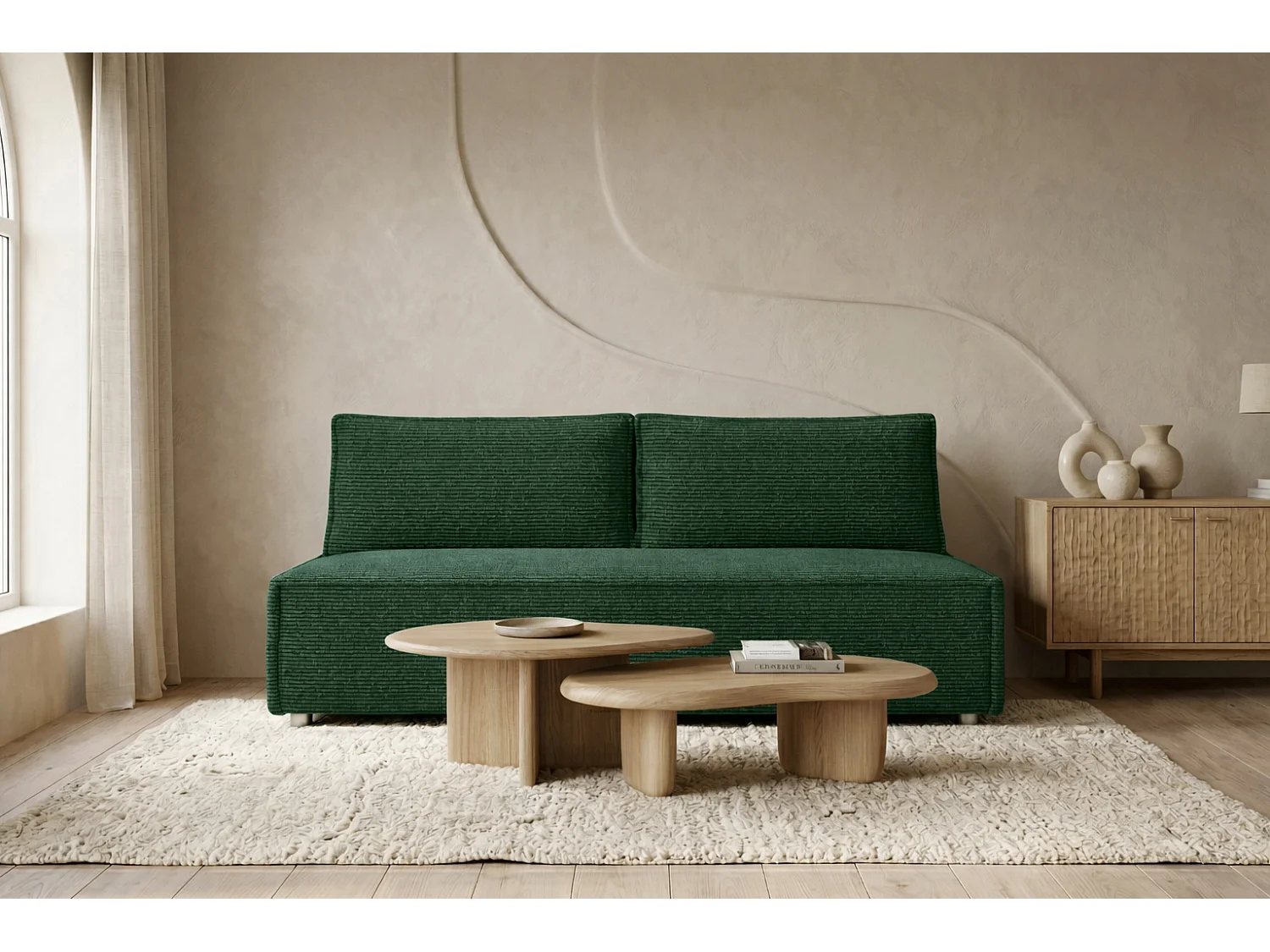 Bank met slaapfunctie en bedkast, slaapbank DUO Poso stof - vele kleuren groente