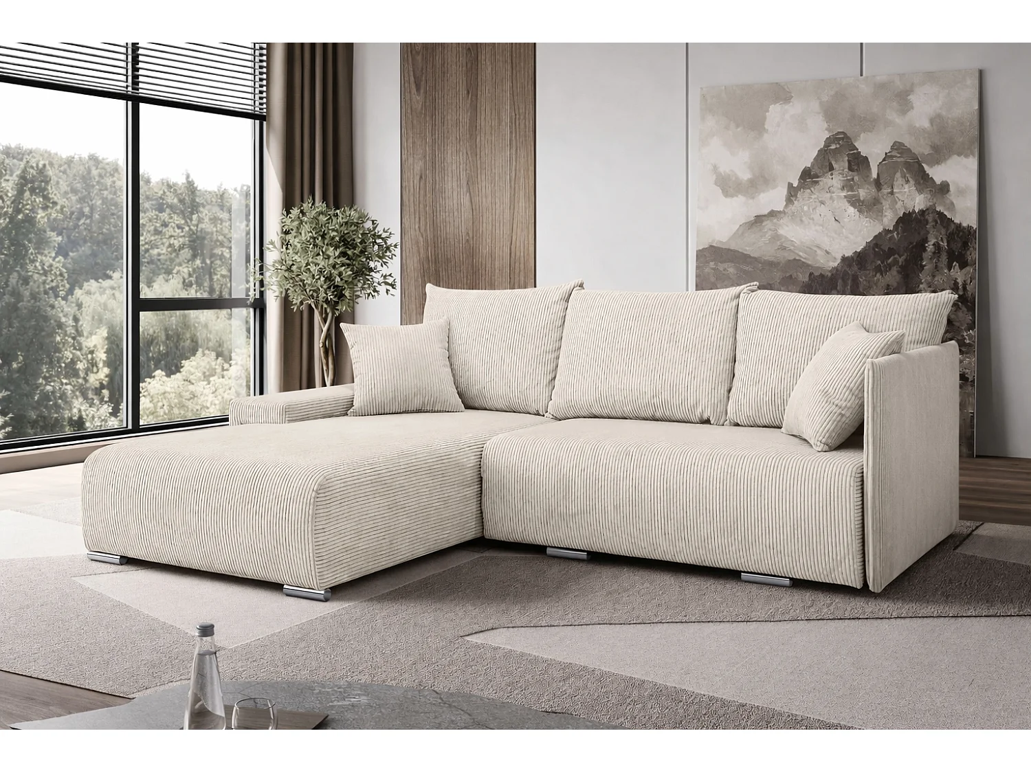 Canapé d'angle, Canapé en L, Tissu côtelé Poso, Écru, Gauche, Livorno L