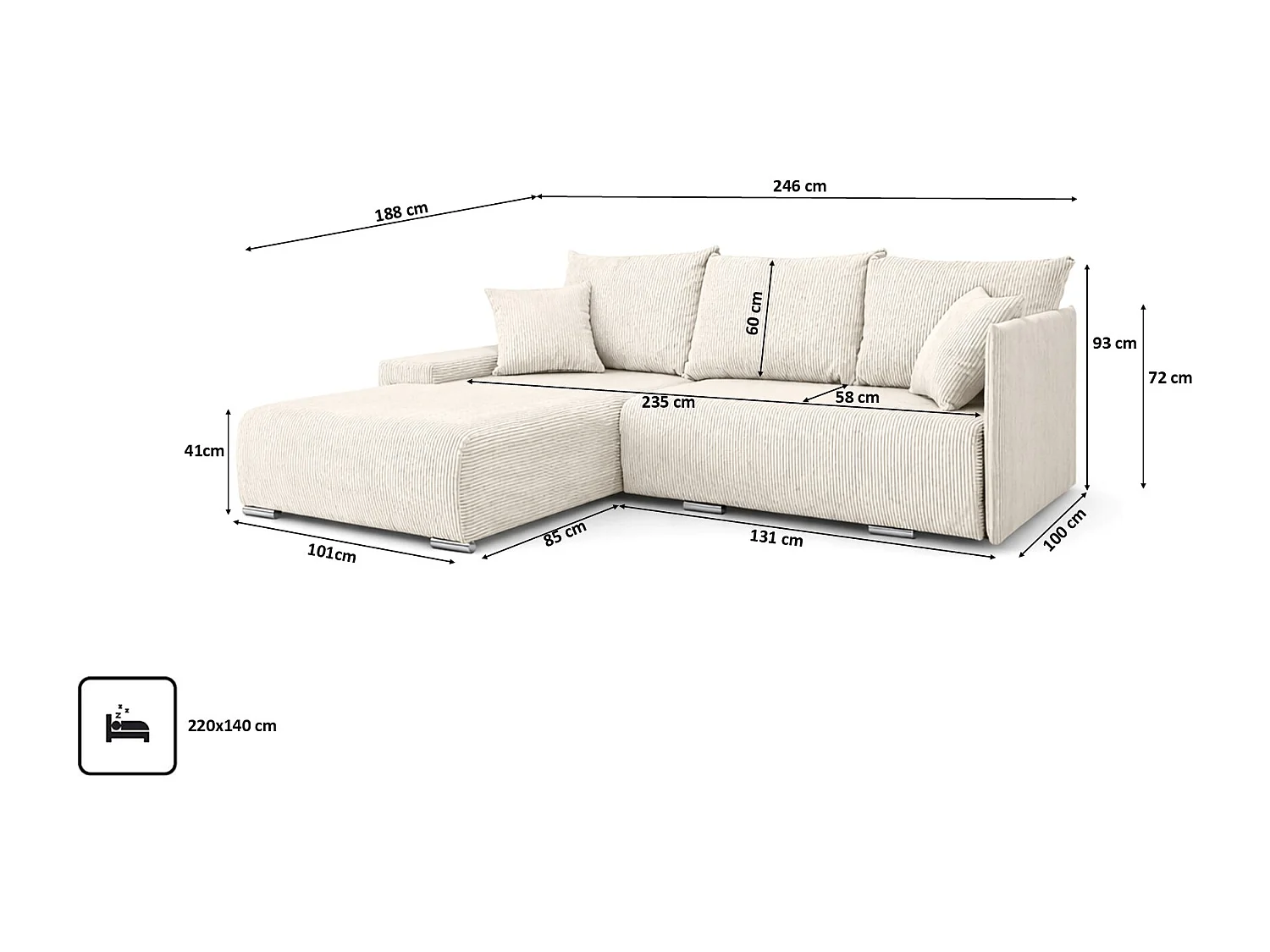 Canapé d'angle, Canapé en L, Tissu côtelé Poso, Écru, Gauche, Livorno L