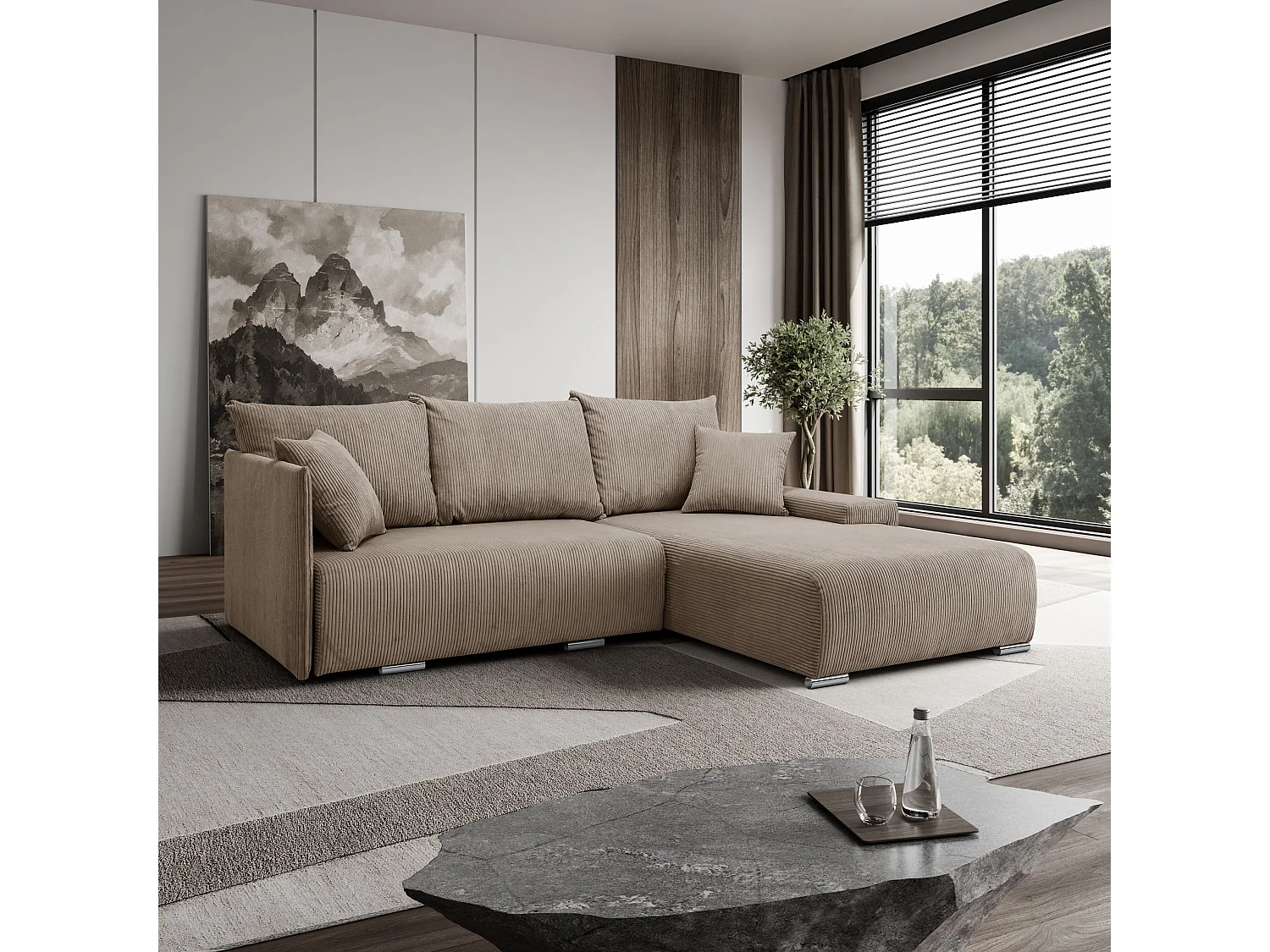 Canapé d'angle, Canapé en L, Tissu côtelé Poso, Brun clair, Droite, Livorno L