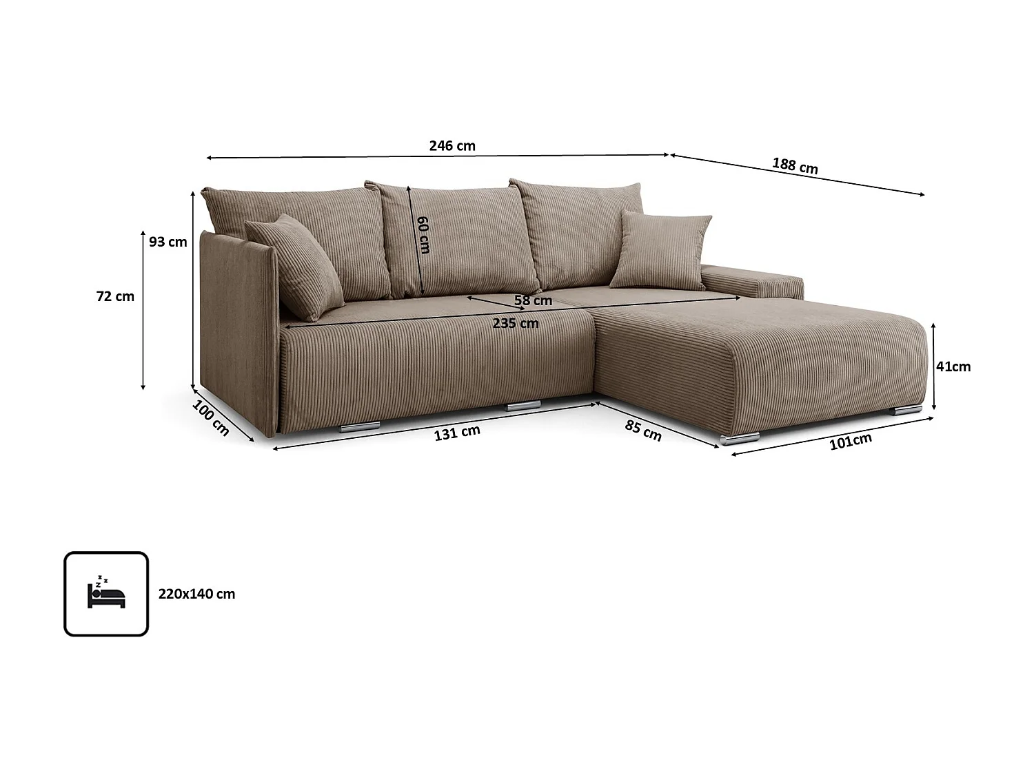 Canapé d'angle, Canapé en L, Tissu côtelé Poso, Brun clair, Droite, Livorno L