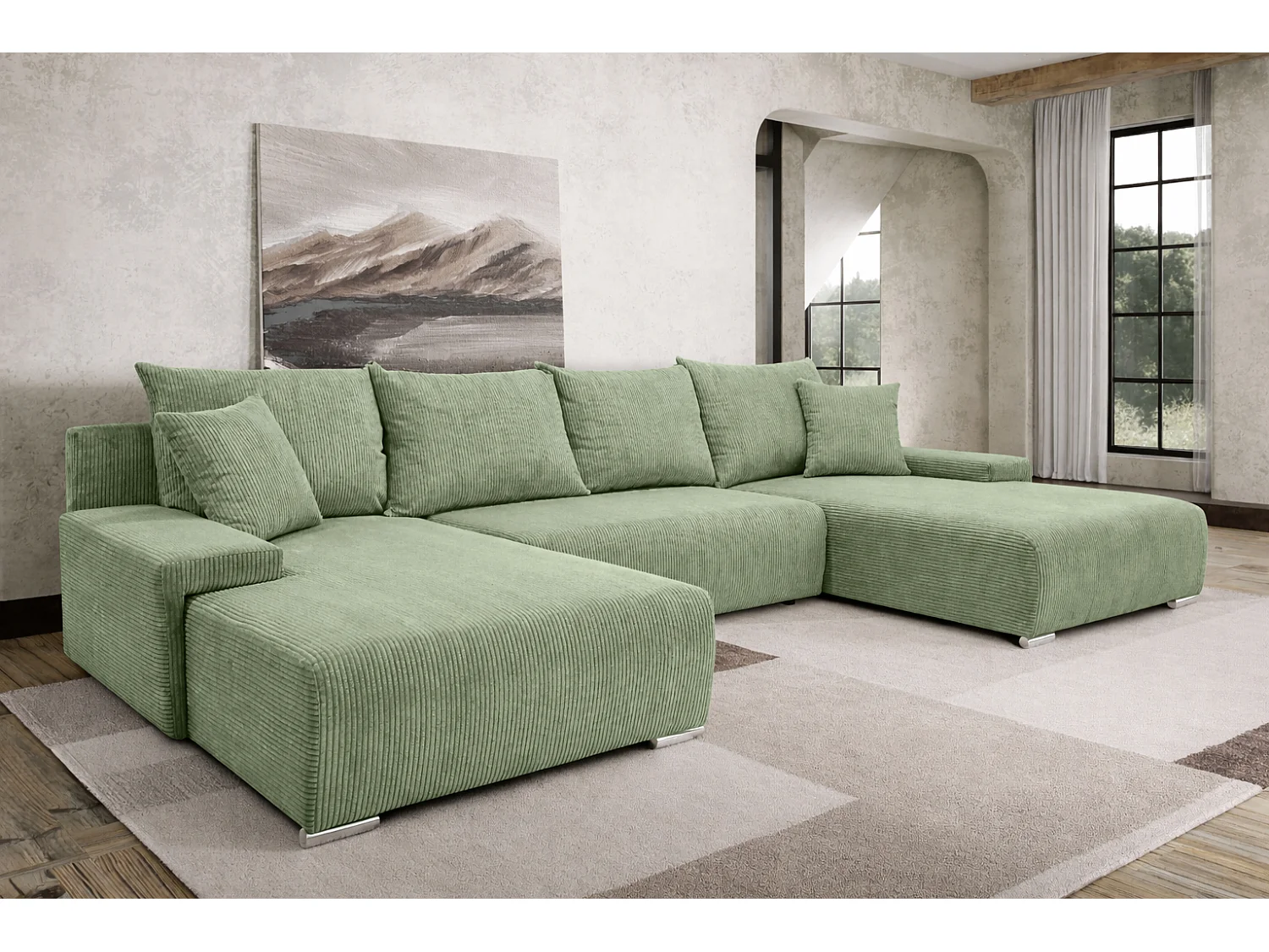 Canapé d'angle, Canapé en U, Tissu côtelé Poso, Vert clair, Livorno U