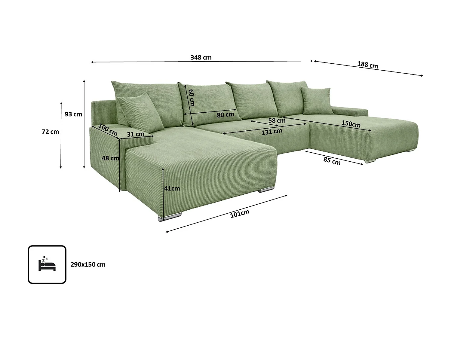 Canapé d'angle, Canapé en U, Tissu côtelé Poso, Vert clair, Livorno U