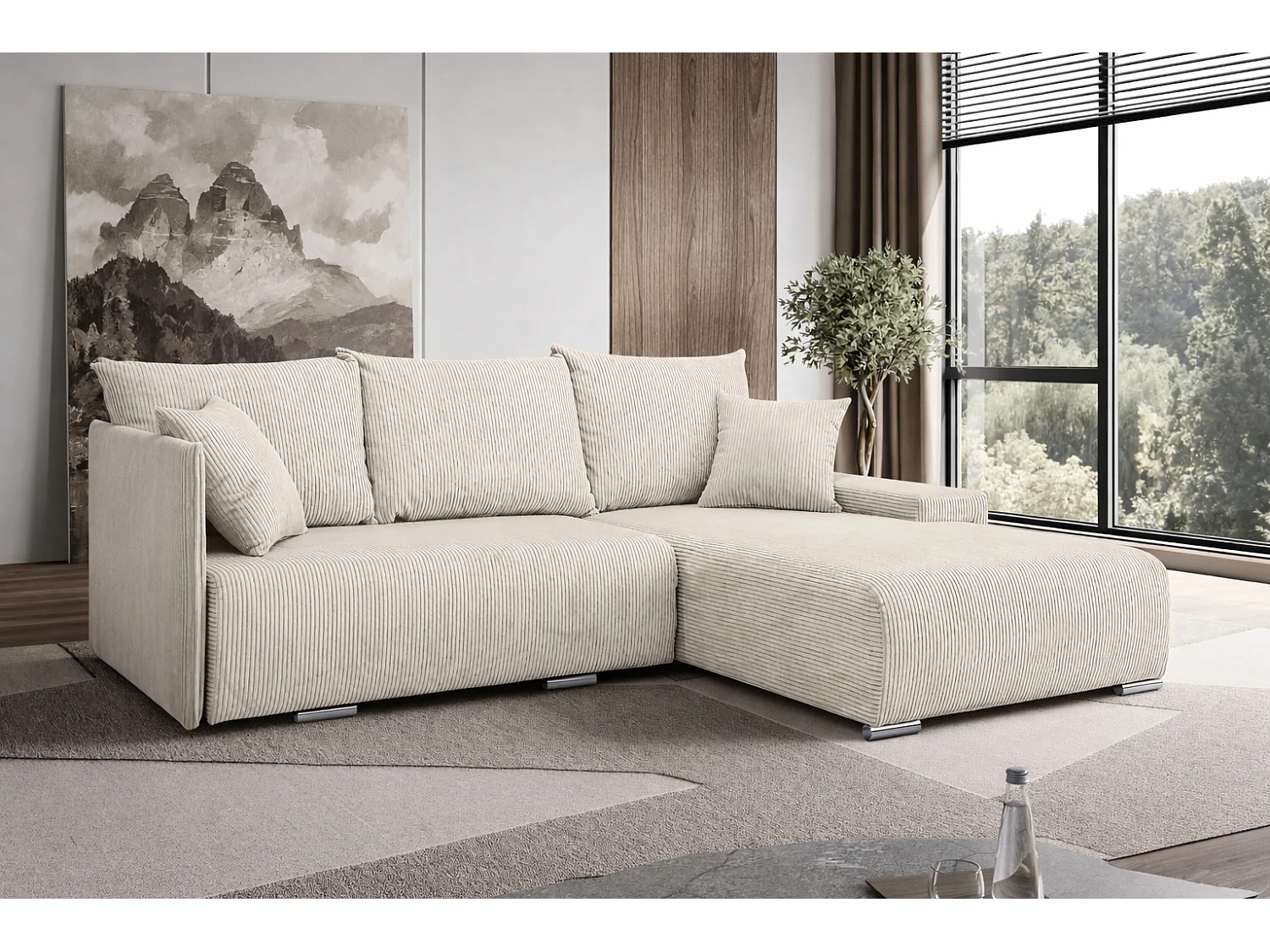 Canapé d'angle, Canapé en L, Tissu côtelé Poso, Écru, Droite, Livorno L