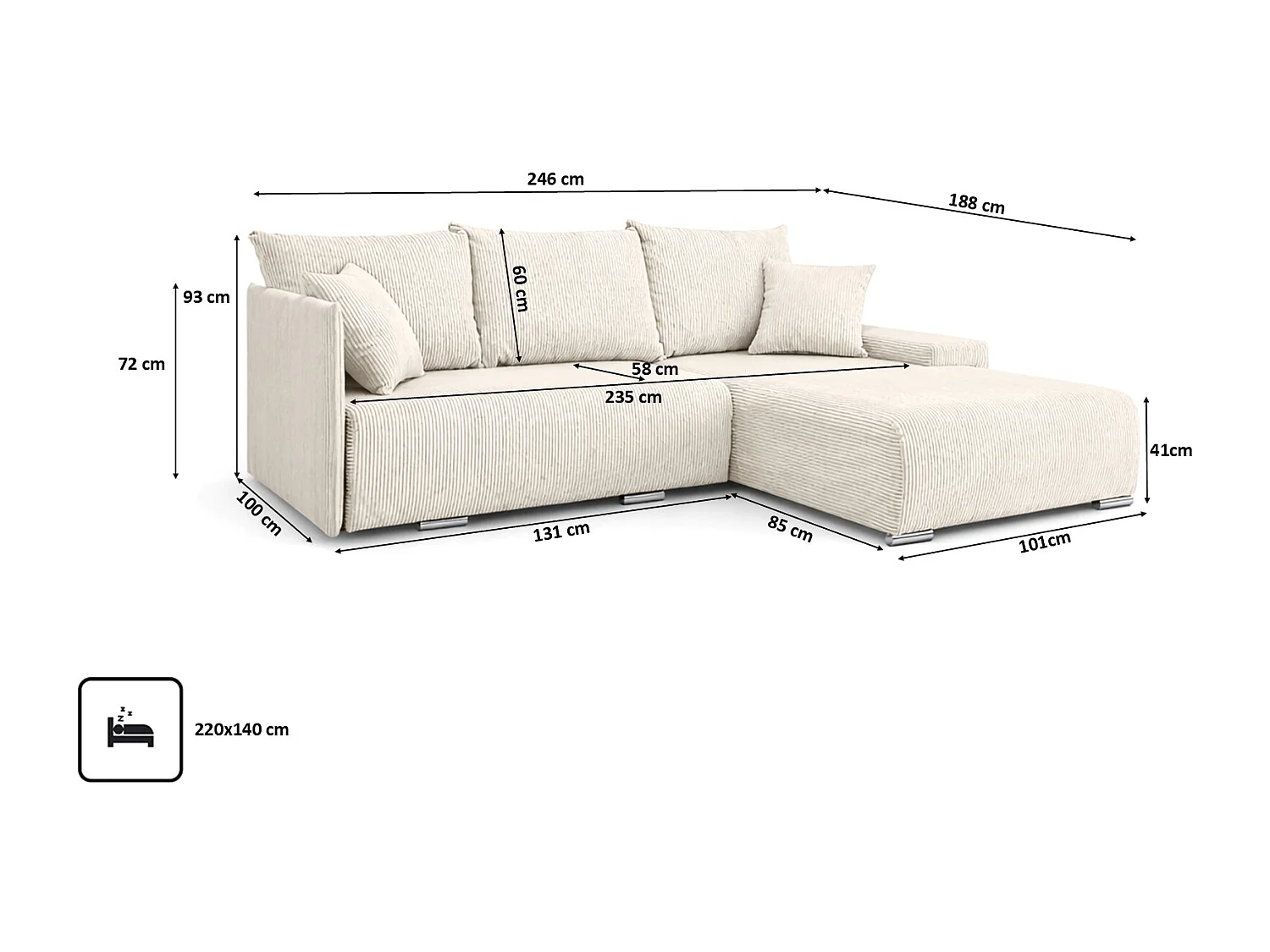 Canapé d'angle, Canapé en L, Tissu côtelé Poso, Écru, Droite, Livorno L