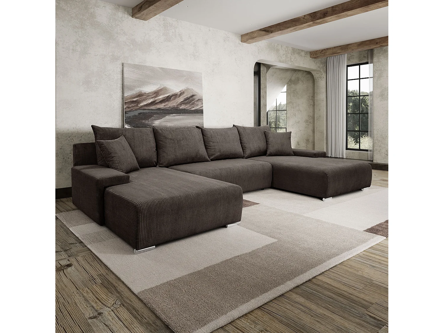 Canapé d'angle, Canapé en U, Tissu côtelé Poso, Marron, Livorno U