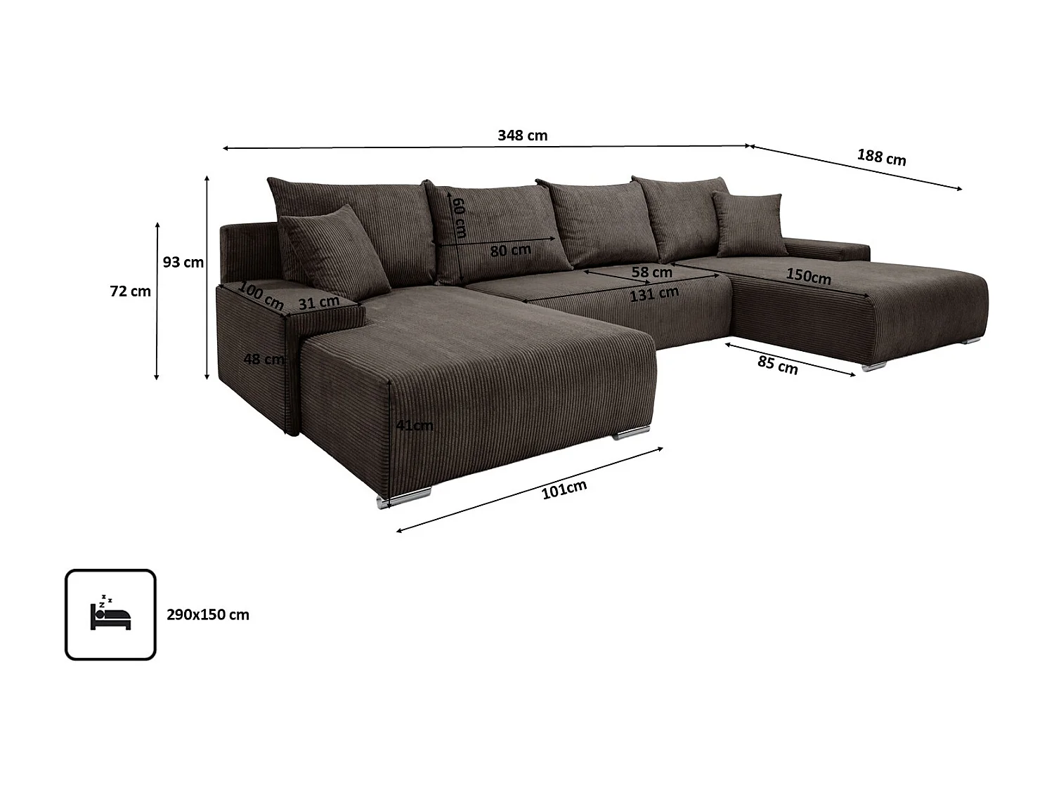 Canapé d'angle, Canapé en U, Tissu côtelé Poso, Marron, Livorno U