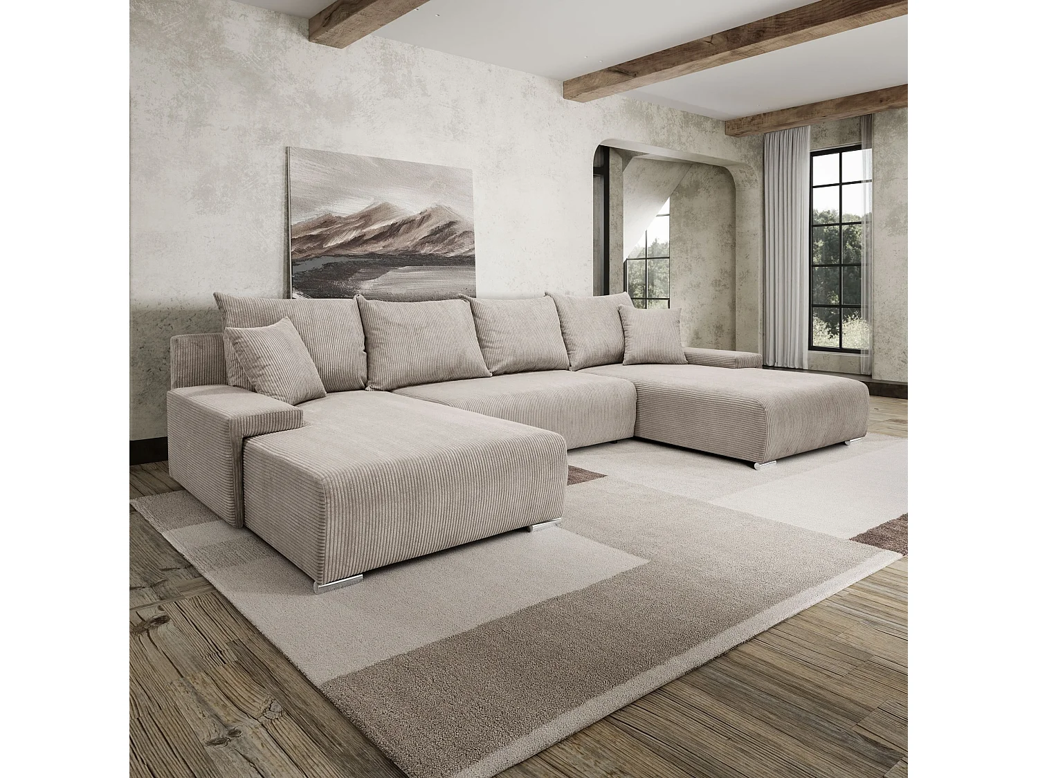 Canapé d'angle, Canapé en U, Tissu côtelé Poso, Beige, Livorno U