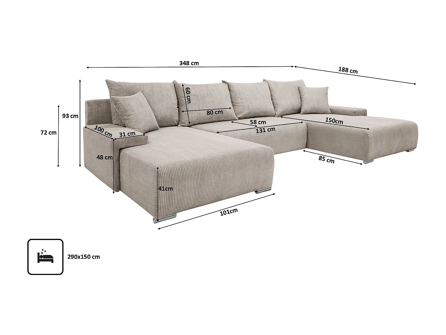 Canapé d'angle, Canapé en U, Tissu côtelé Poso, Beige, Livorno U