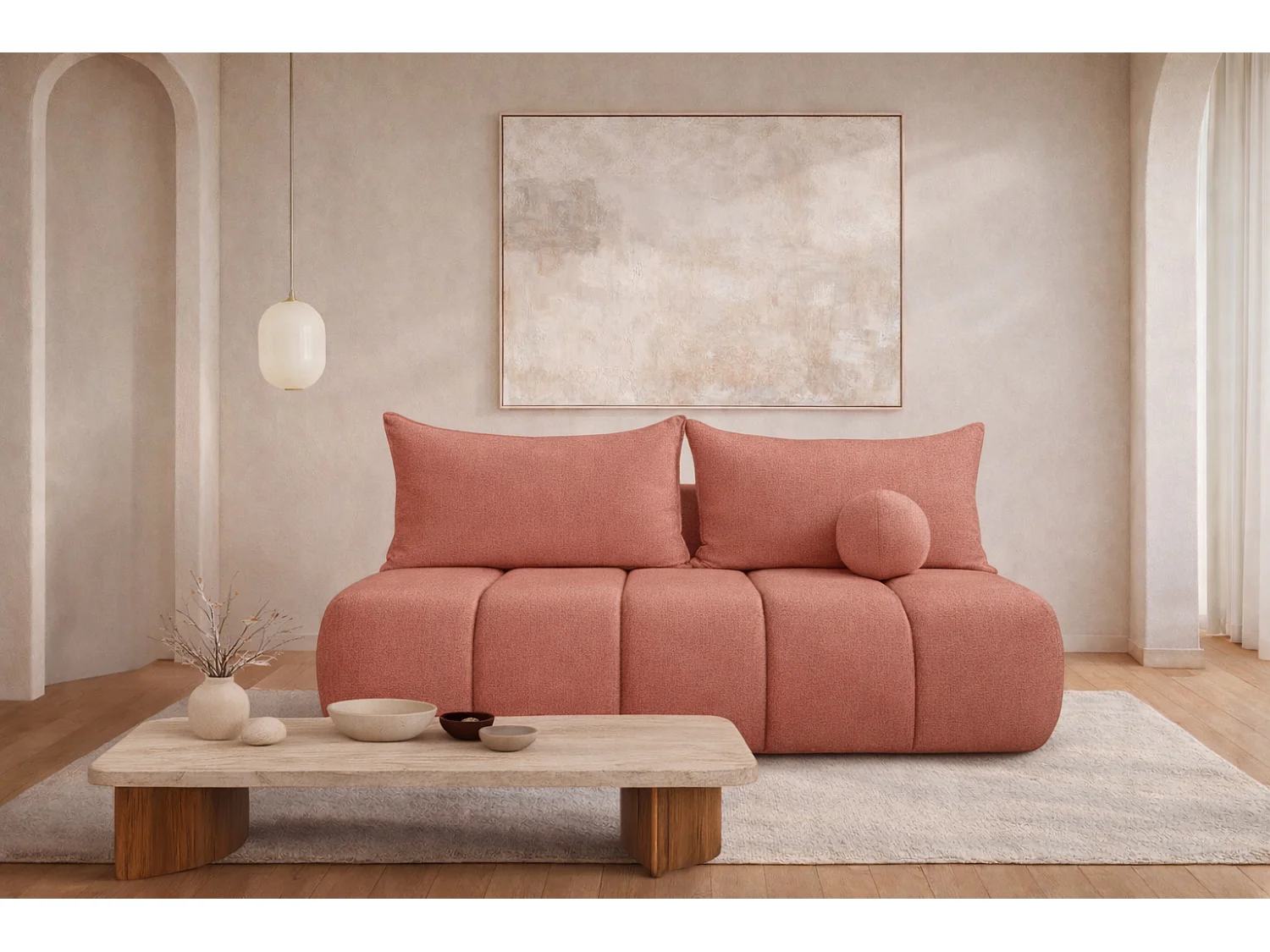 Canapé convertible avec fonction couchage et coffre de rangement, velours Monolith, Rose, PIANO