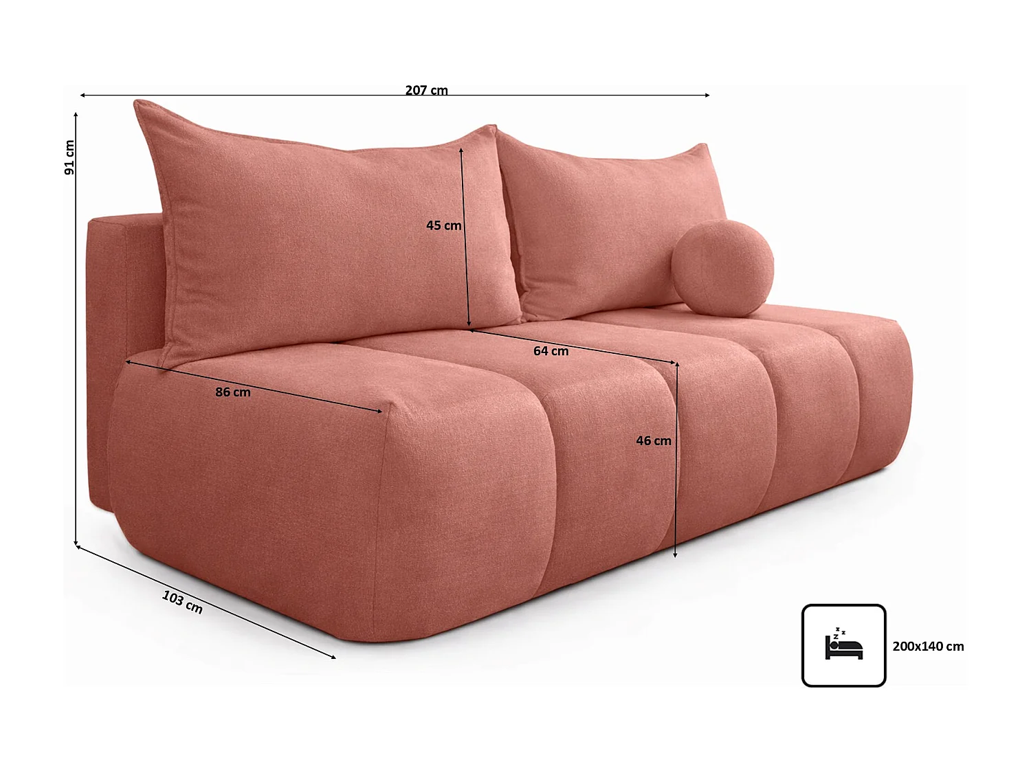 Canapé convertible avec fonction couchage et coffre de rangement, velours Monolith, Rose, PIANO