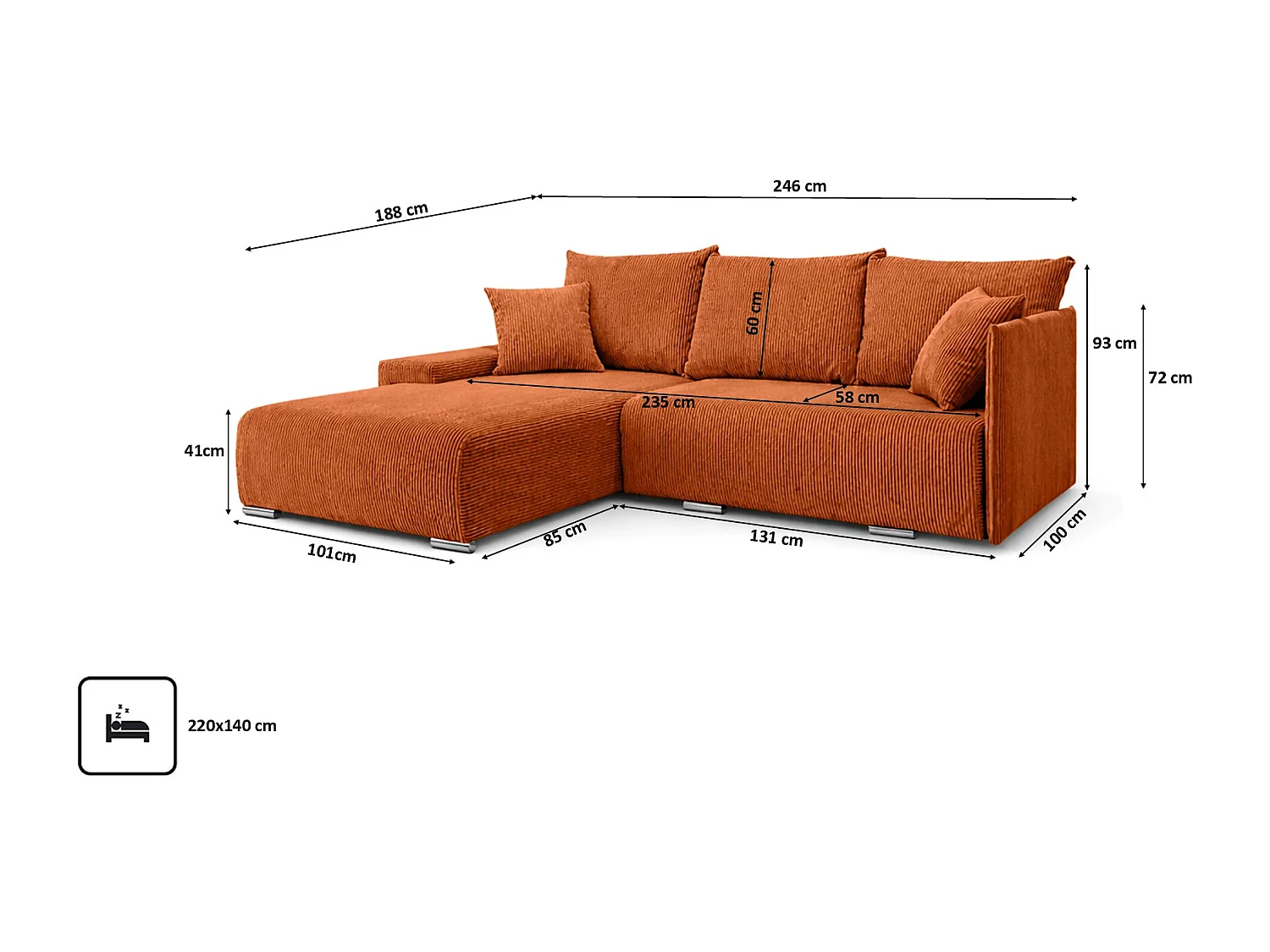 Canapé d'angle, Canapé en L, Tissu côtelé Poso, Cuivre, Gauche, Livorno L