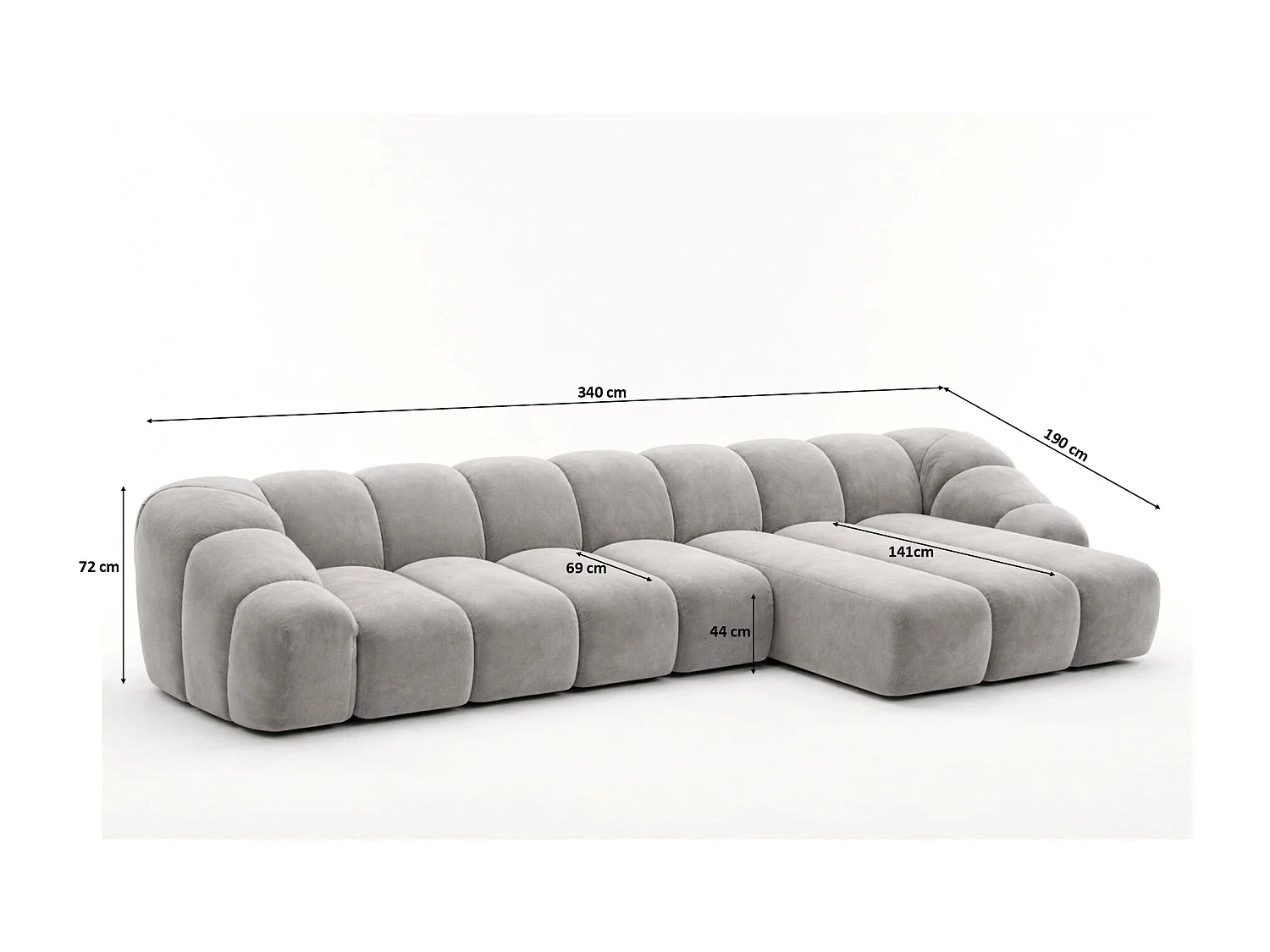 Divano angolare modulare a L, tessuto velluto Bluvel, grigio, destra, CROISSANT XL