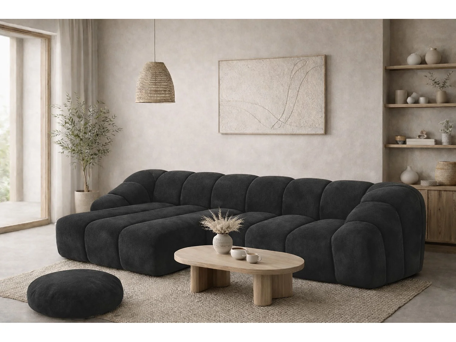 Divano angolare modulare a L, tessuto velluto Bluvel, nero, sinistra, CROISSANT L