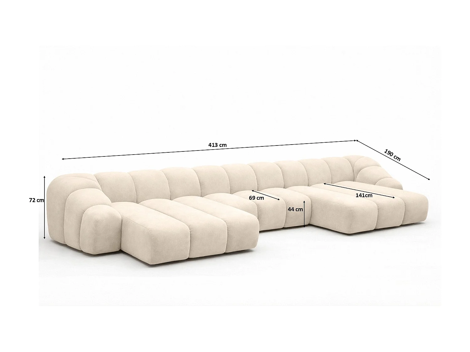 Narożnik modułowy w kształcie U, tkanina welurowa Bluvel, Kremowy, CROISSANT U