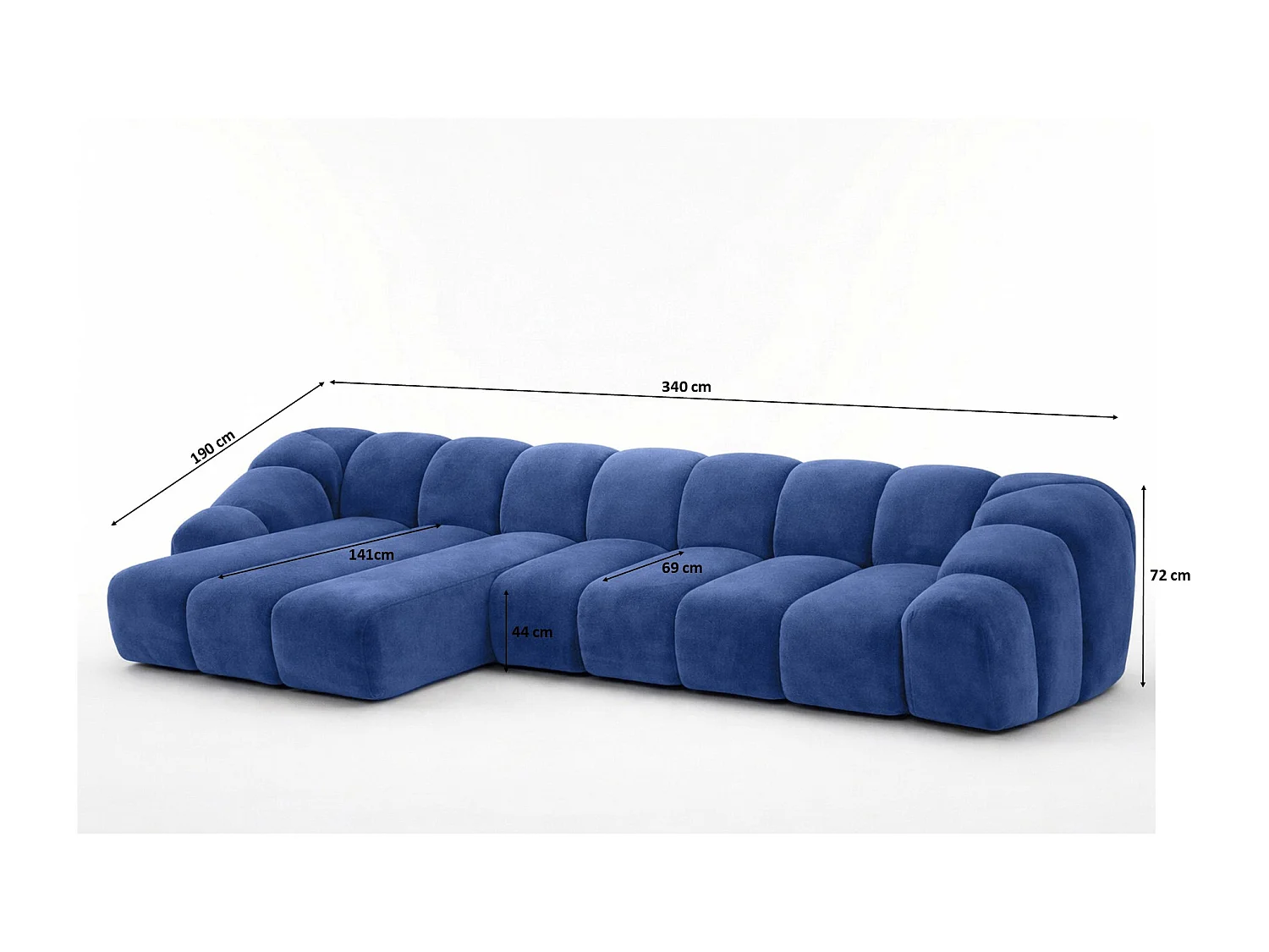 Divano angolare modulare a L, tessuto velluto Bluvel, blu inchiostro, sinistra, CROISSANT XL