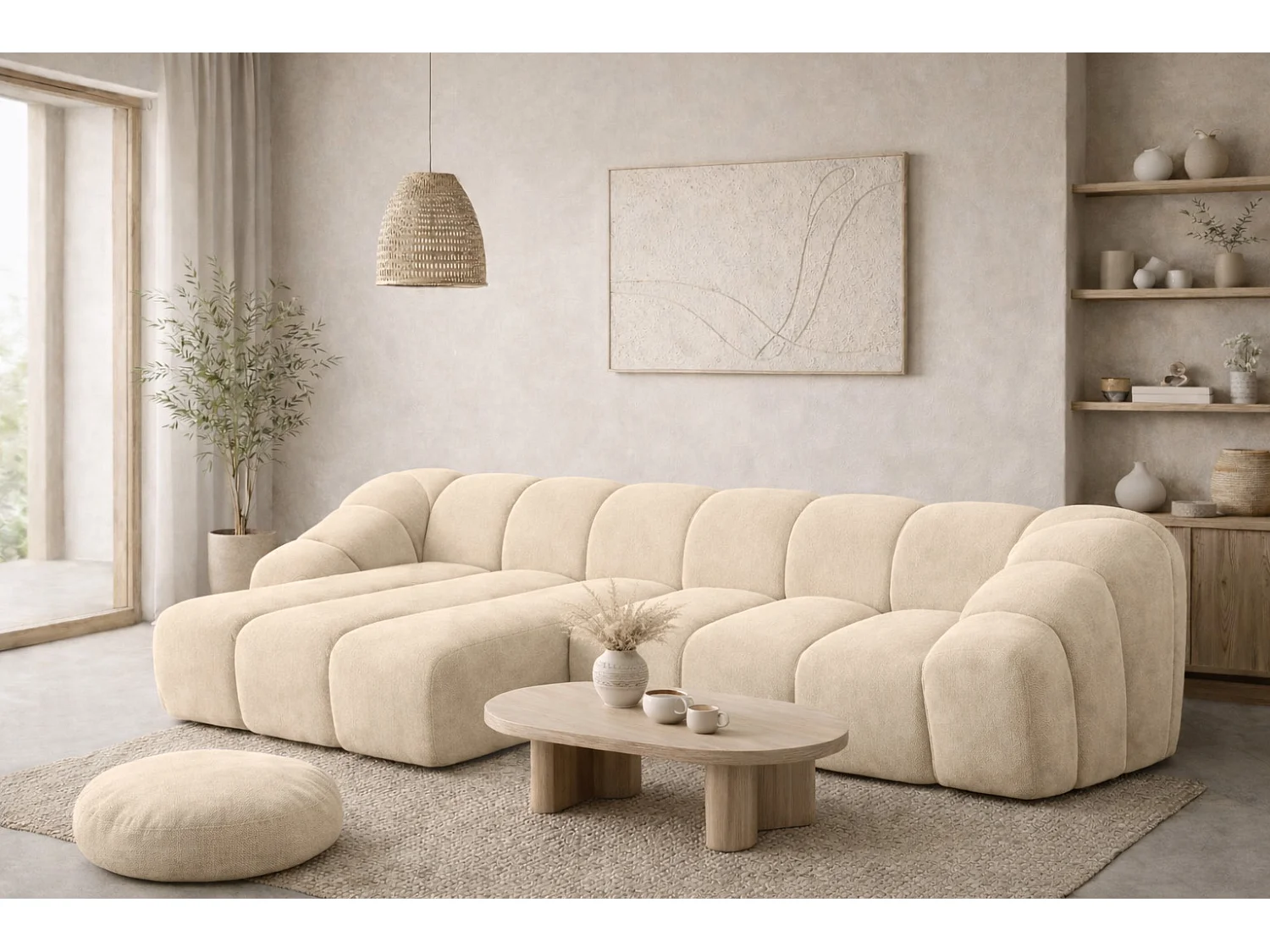 Divano angolare modulare a L, tessuto velluto Bluvel, crema, sinistra, CROISSANT L