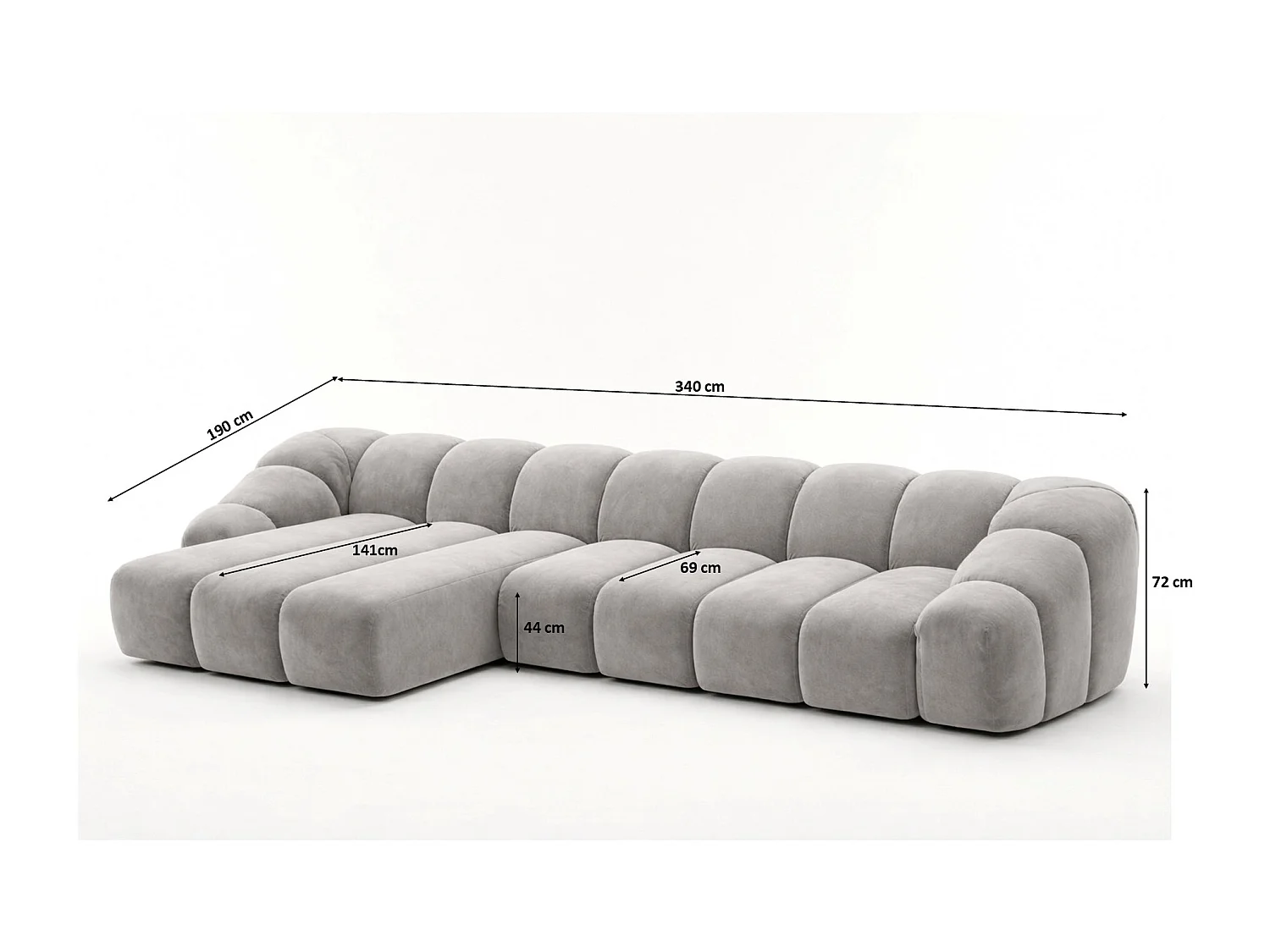 Divano angolare modulare a L, tessuto velluto Bluvel, grigio, sinistra, CROISSANT XL