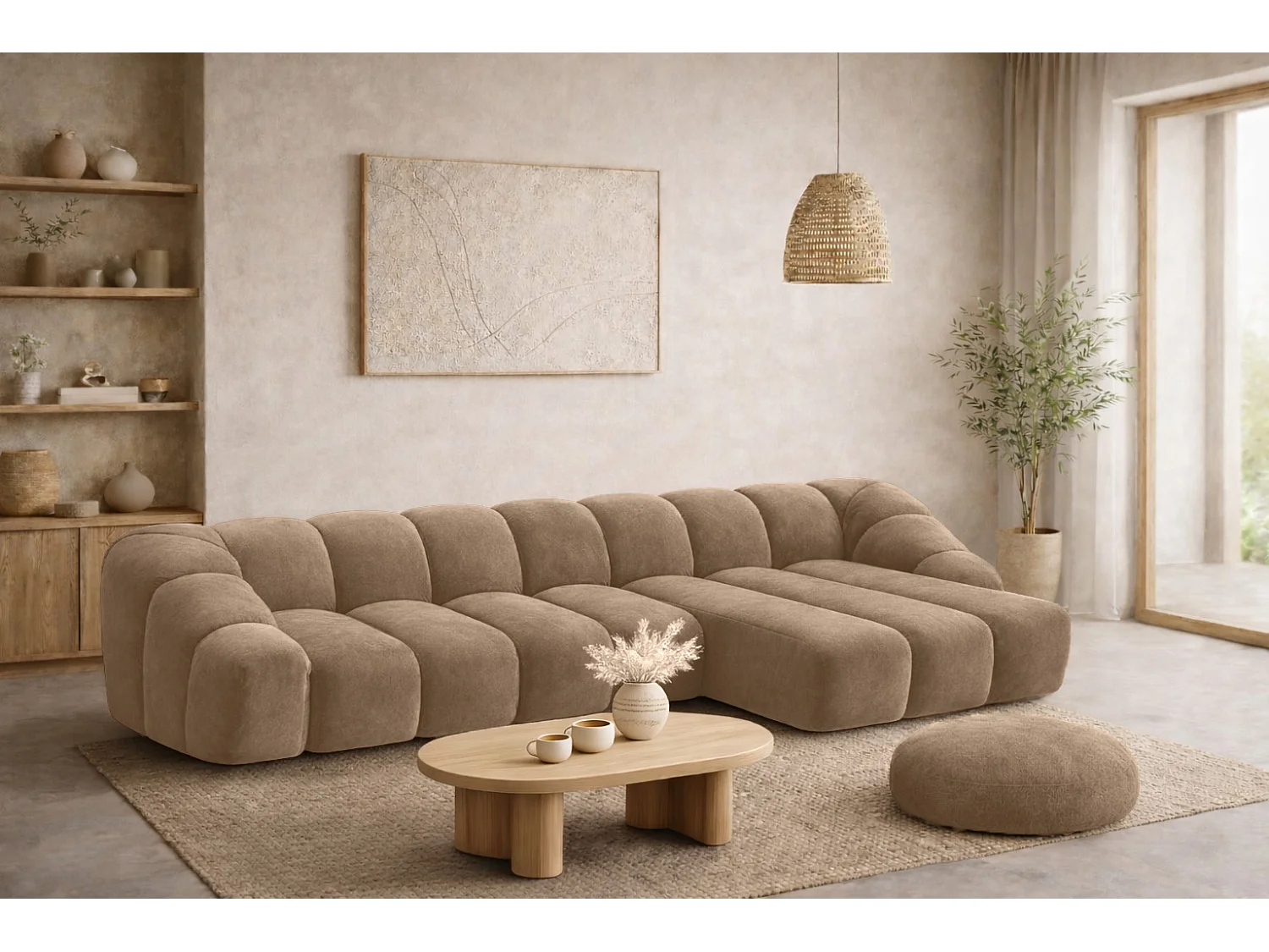 Divano angolare modulare a L, tessuto velluto Bluvel, latte, destra, CROISSANT XL