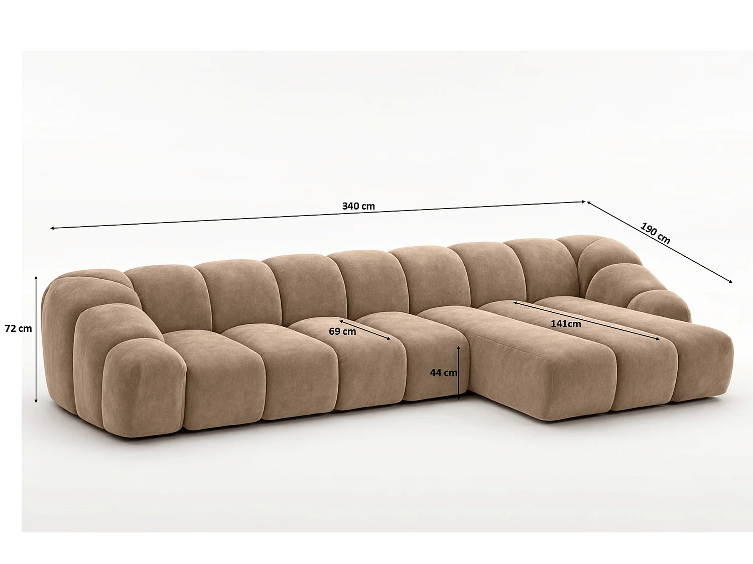 Divano angolare modulare a L, tessuto velluto Bluvel, latte, destra, CROISSANT XL