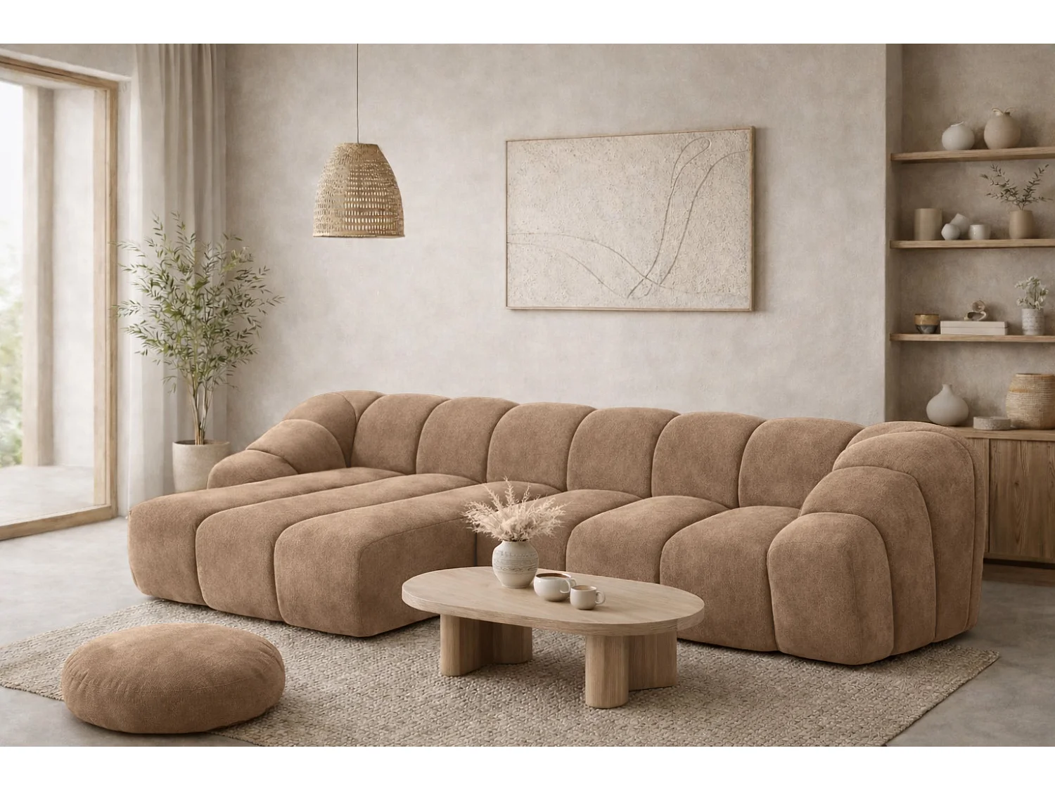 Divano angolare modulare a L, tessuto velluto Bluvel, latte, sinistra, CROISSANT L