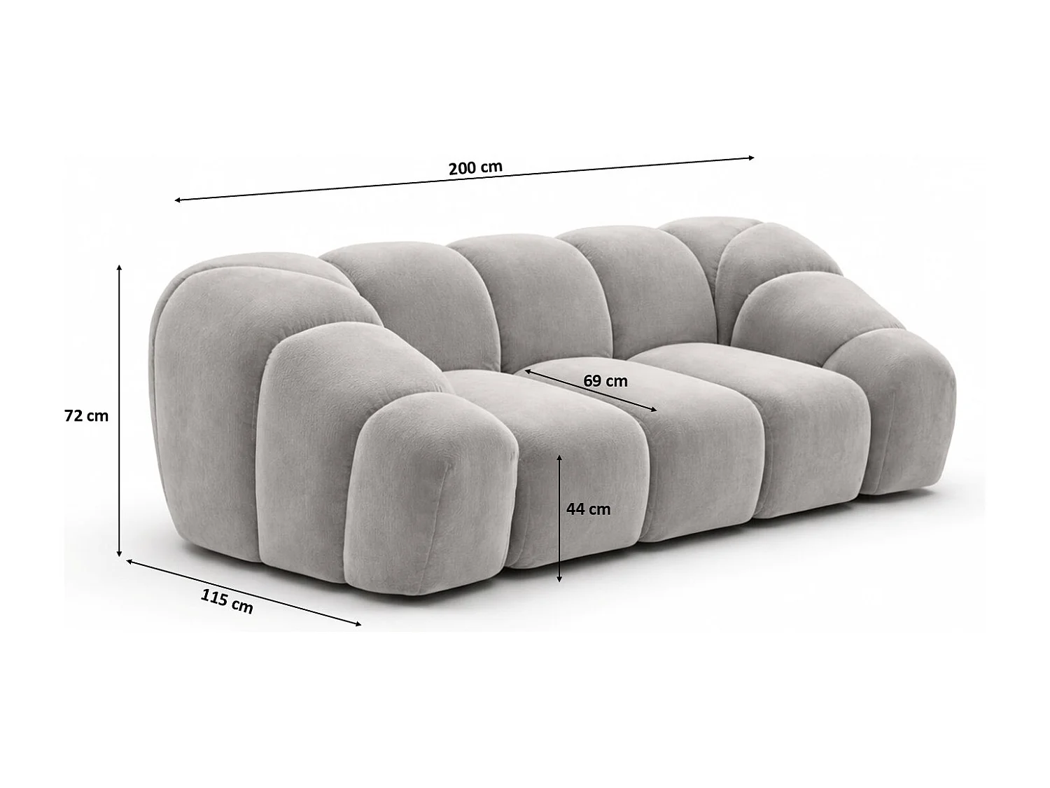 Divano modulare 2 posti, tessuto velluto Bluvel, grigio, CROISSANT