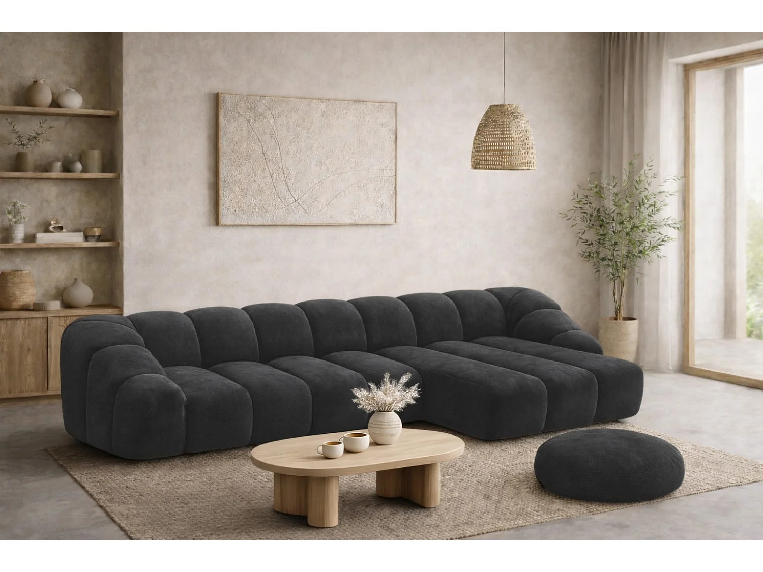 Divano angolare modulare a L, tessuto velluto Bluvel, nero, destra, CROISSANT XL