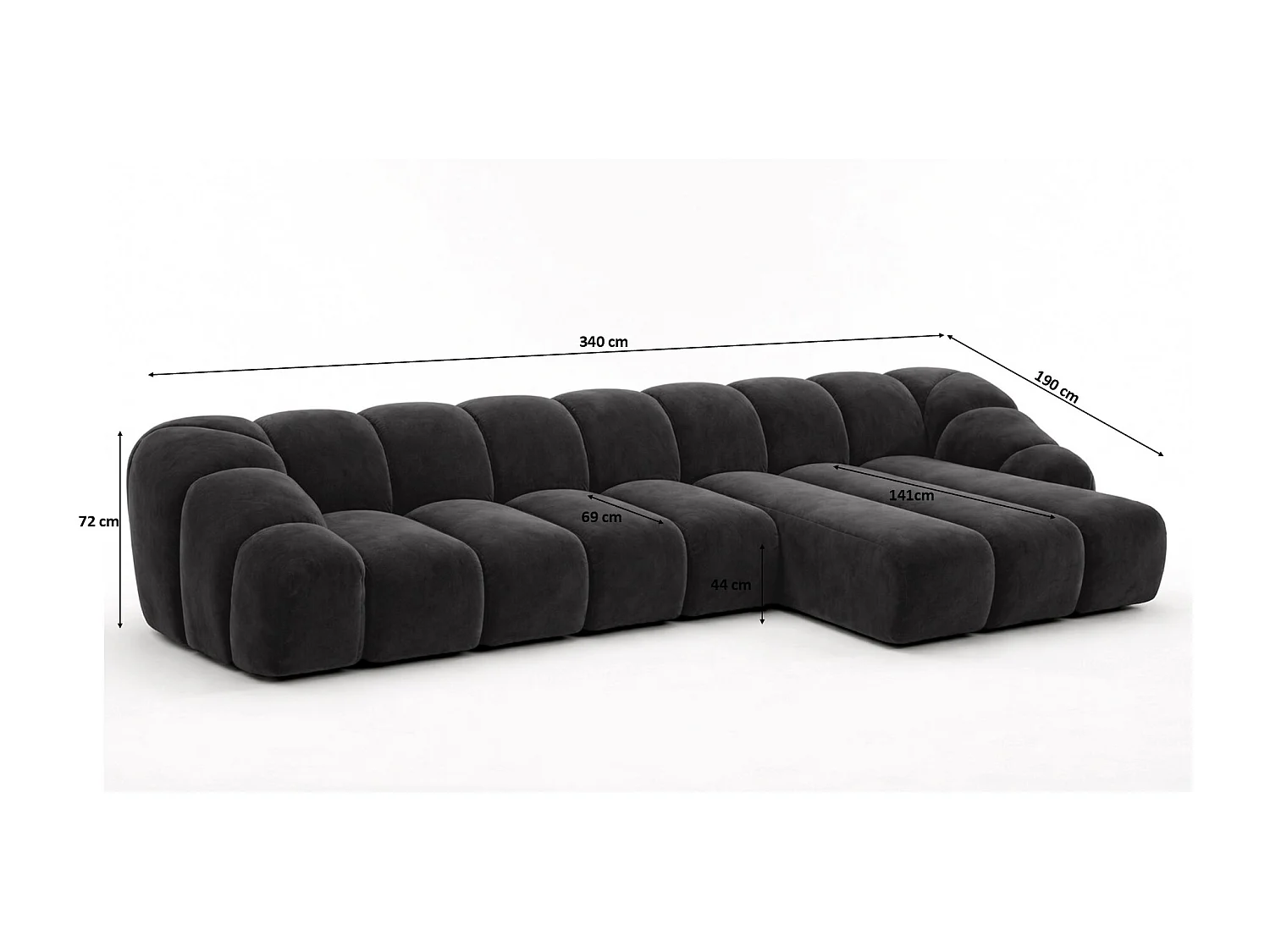 Divano angolare modulare a L, tessuto velluto Bluvel, nero, destra, CROISSANT XL