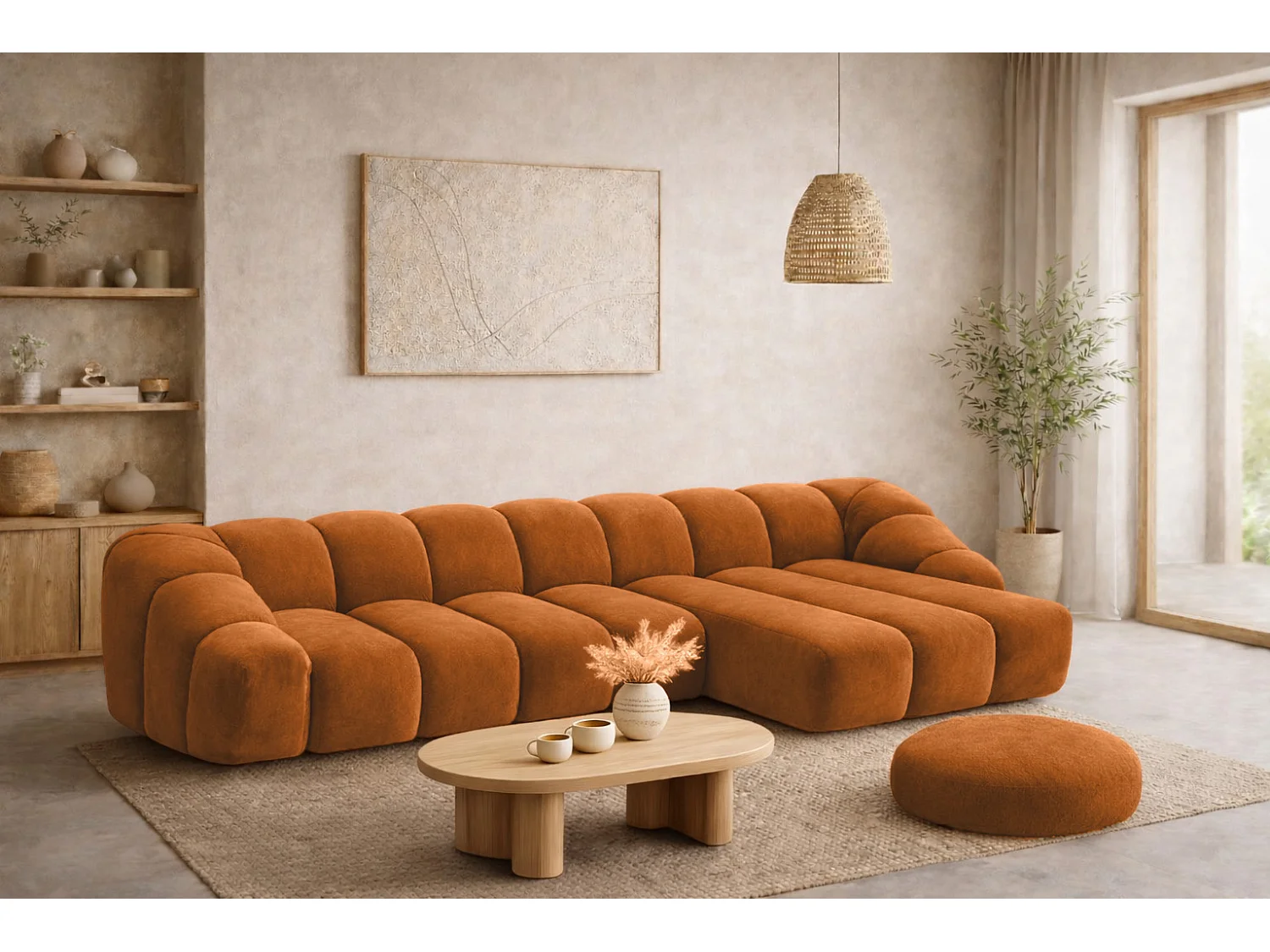 Divano angolare modulare a L, tessuto velluto Bluvel, color cannella, destra, CROISSANT XL