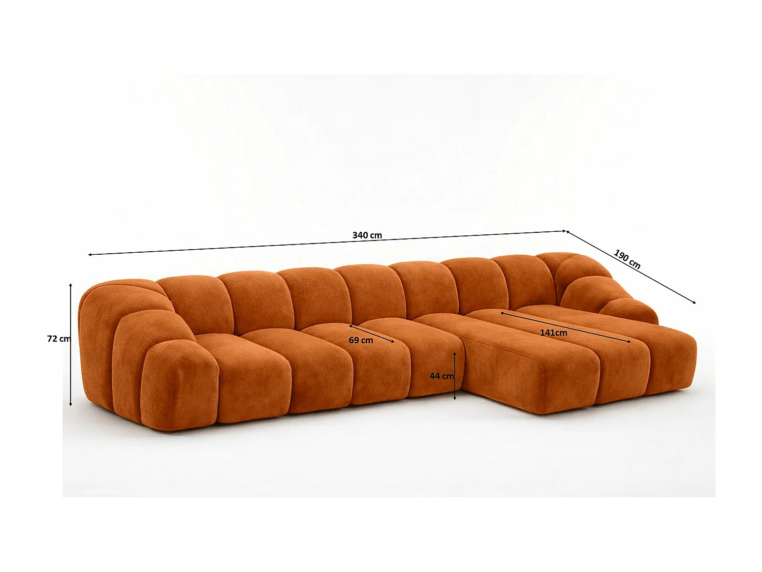 Divano angolare modulare a L, tessuto velluto Bluvel, color cannella, destra, CROISSANT XL