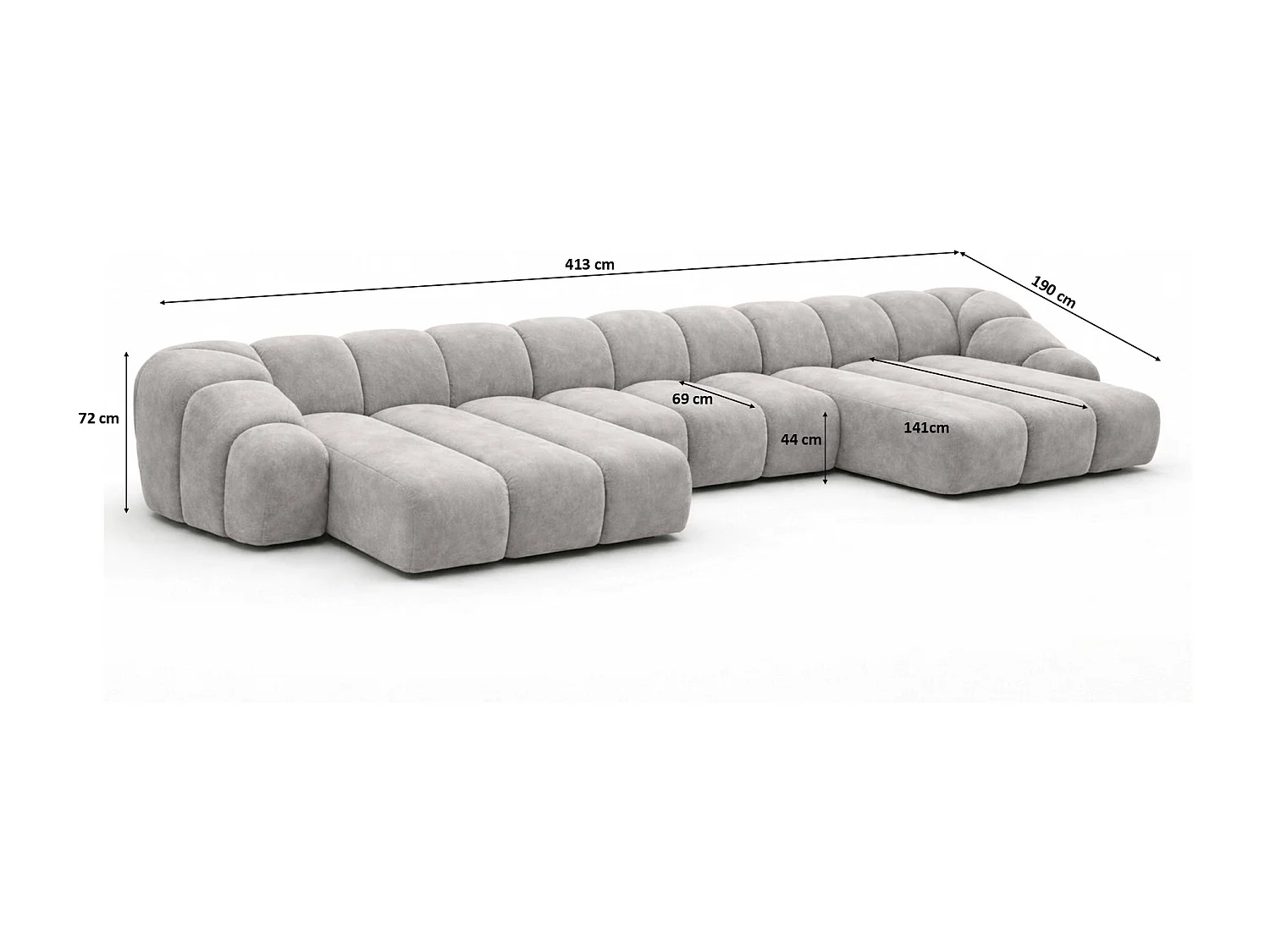 Narożnik modułowy w kształcie U, tkanina welurowa Bluvel, Szary, CROISSANT U