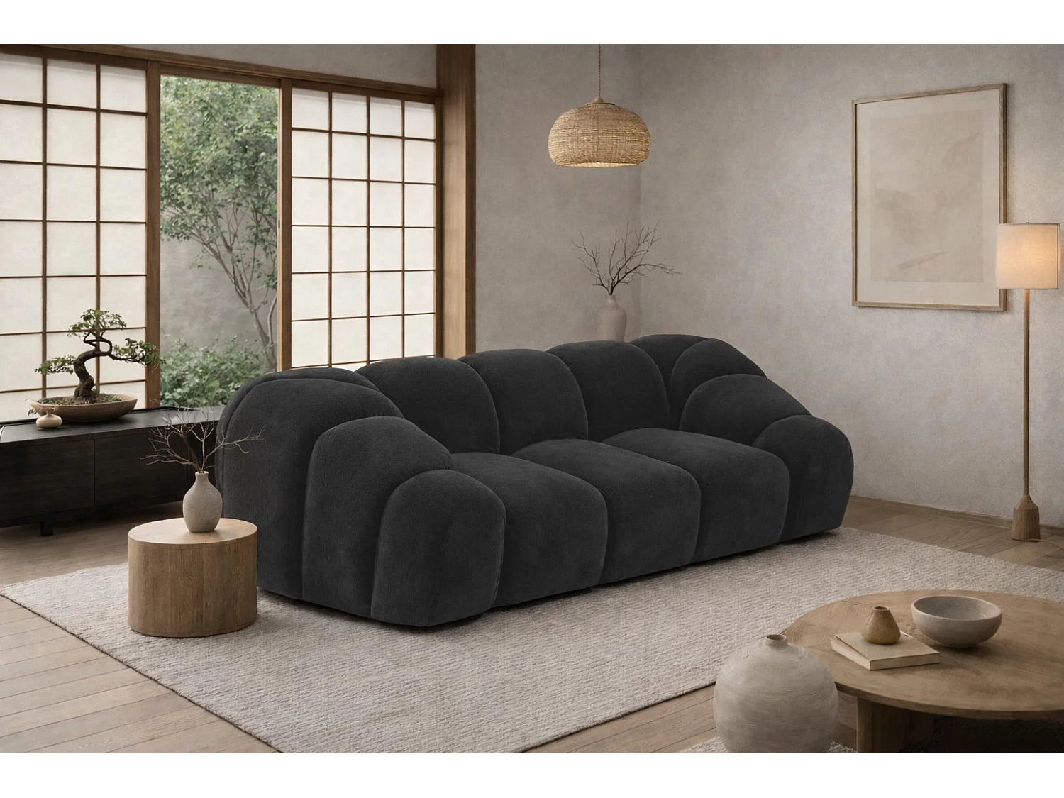 Divano modulare 2 posti, tessuto velluto Bluvel, nero, CROISSANT