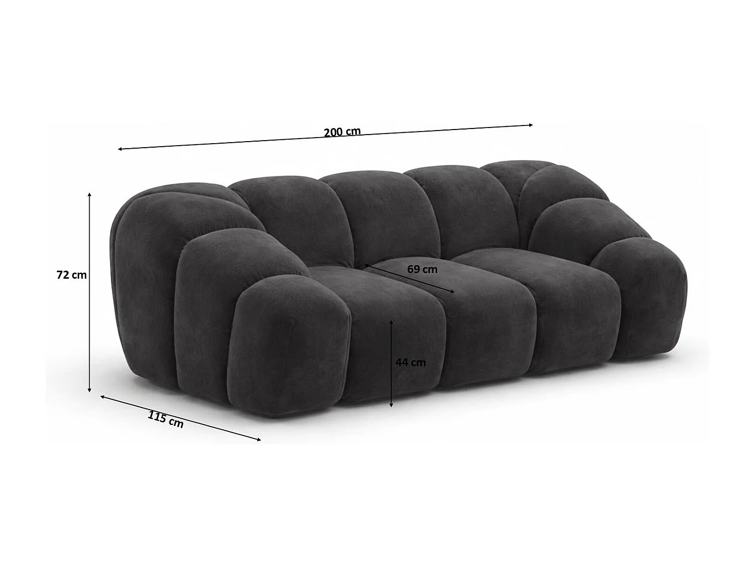 Divano modulare 2 posti, tessuto velluto Bluvel, nero, CROISSANT